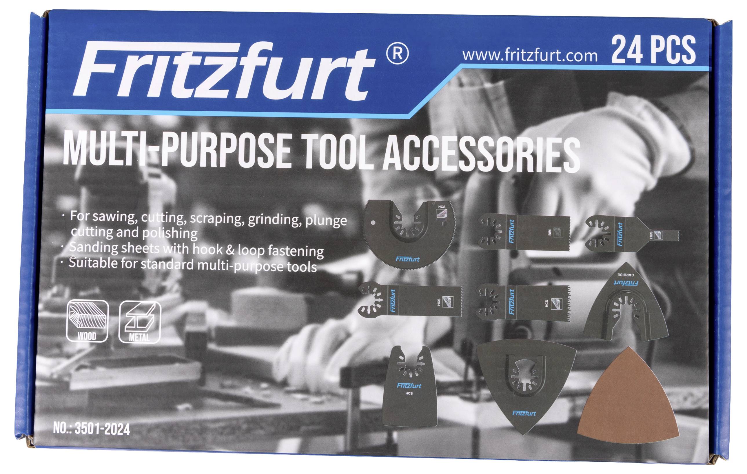 'Fritzfurt Multifunktionswerkzeug-Zubehör' Sortiment mit 24 Teilen zum Sägen, Schneiden, Schaben, Schleifen und Schleifen.