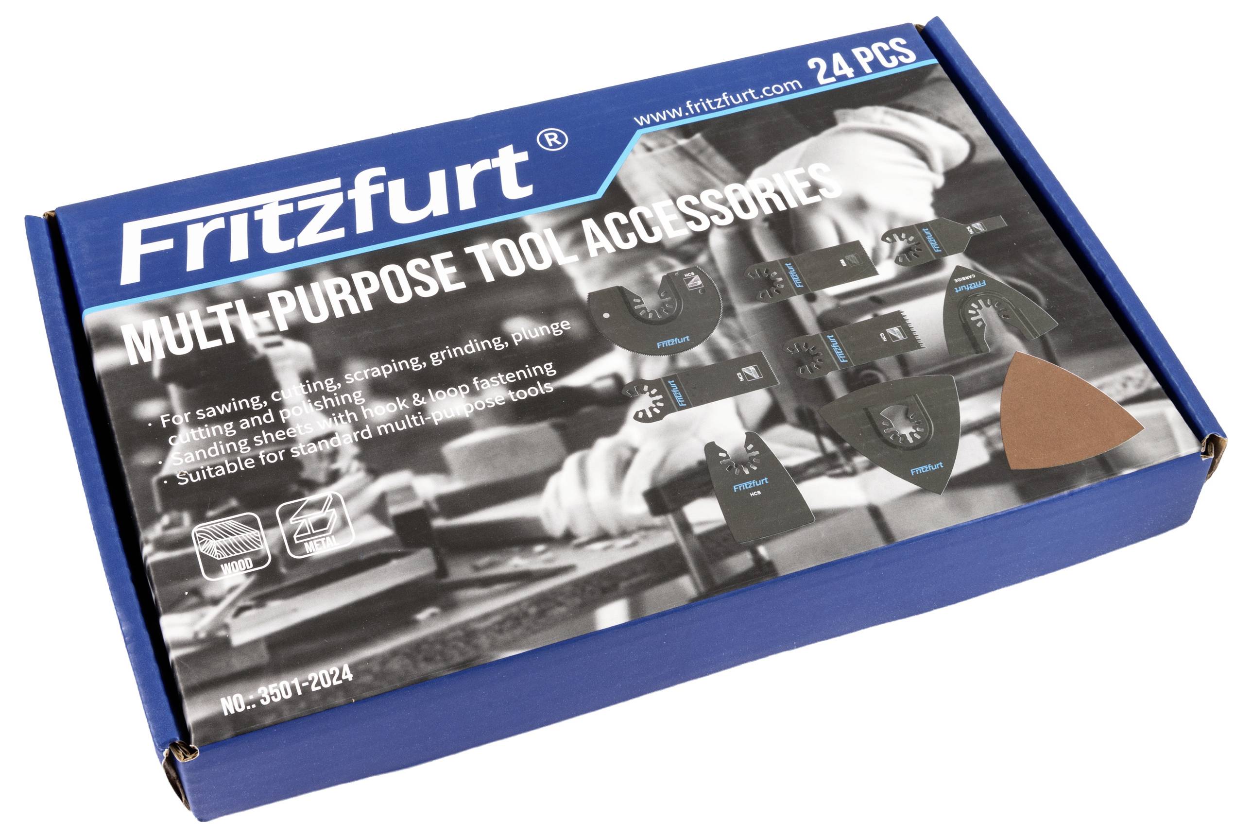 Fritzfurt Multifunktionswerkzeug-Zubehör, 24-teilig, zum Sägen, Schleifen und Kratzen auf verschiedenen Materialien. Artikelnummer 3501-2024.