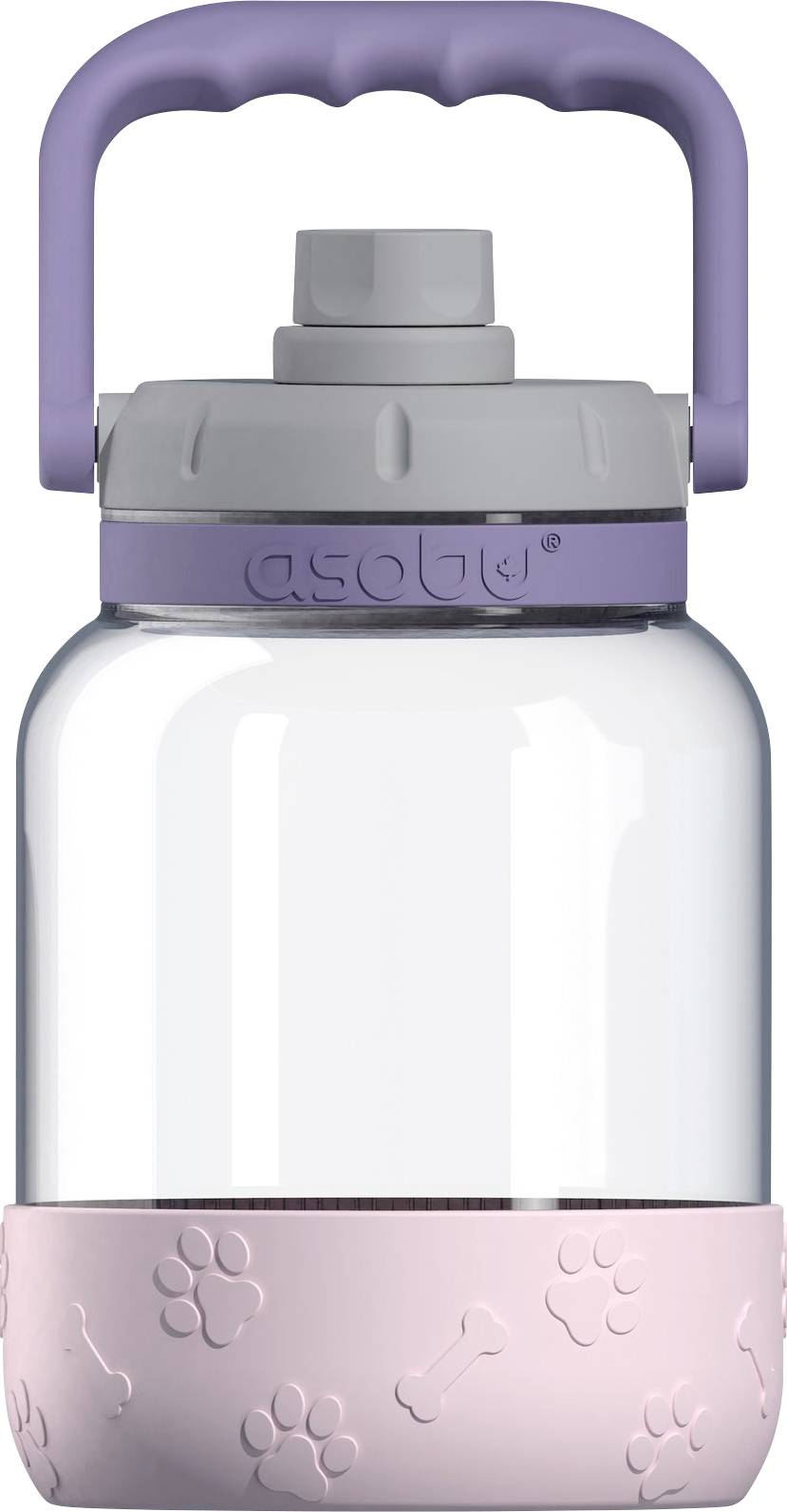 Große Wasserflasche mit lila Griff und rosafarbener Bodenabdeckung mit Pfotenmustern. Ideal für Haustierbesitzer unterwegs.