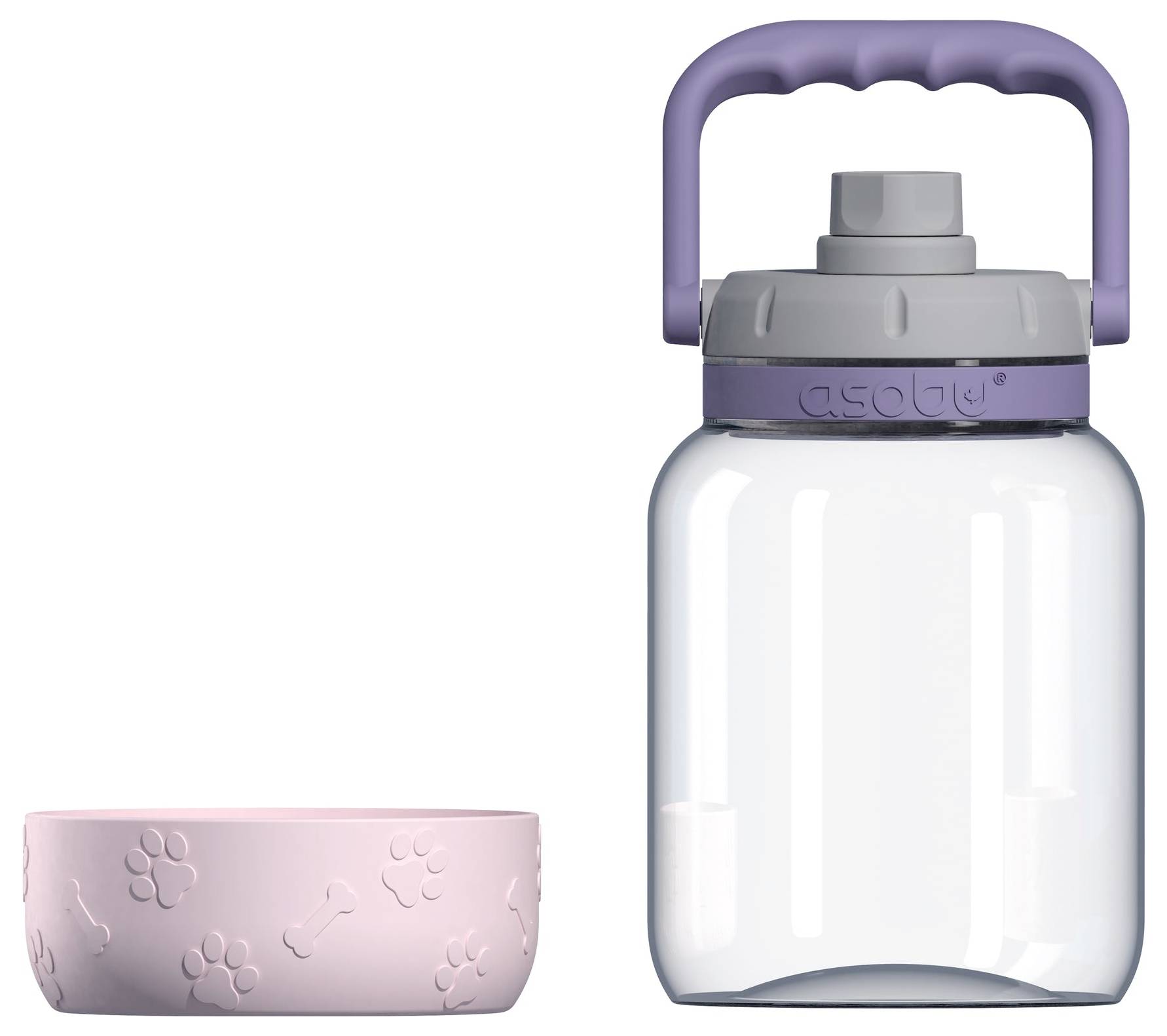 Eine transparente Wasserflasche mit lila Griff neben einem rosa Hundenapf mit Pfotenabdruckmuster.