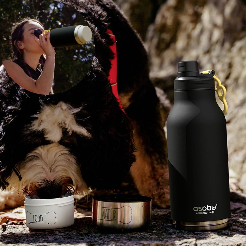 Asobu Buddy, Drinnen/Draußen, 1082 ml, Schwarz, Gummi, Silikon, Edelstahl, Einziehen, 124 mm