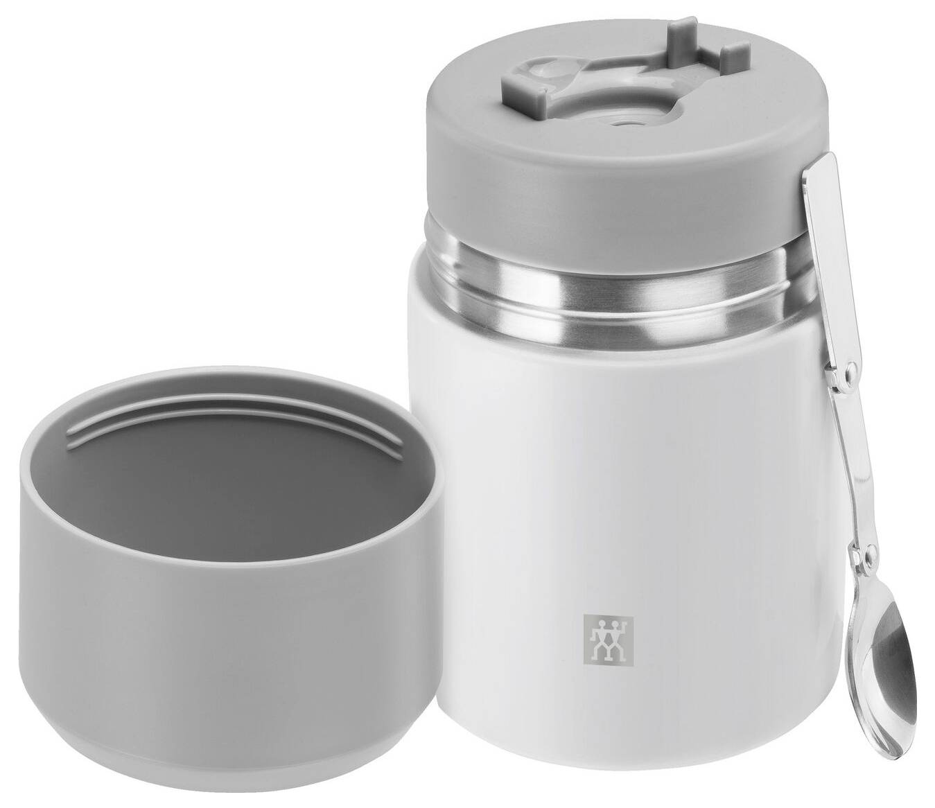 Ein grauer, doppelwandiger Thermobehälter mit abgenommenem Deckel und zusammenklappbarem Löffel, ideal für heiße oder kalte Speisen.