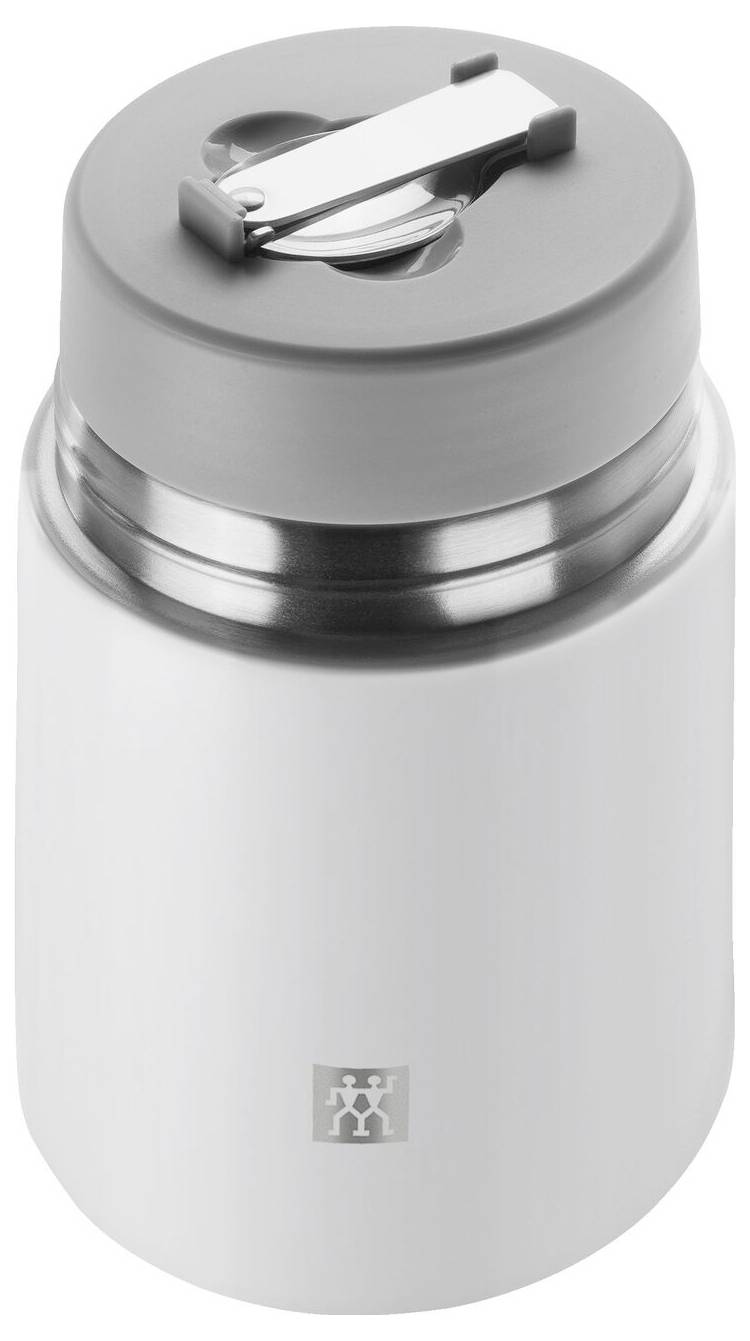 Thermoskanne aus Edelstahl mit grauem Deckel und Tragegriff.