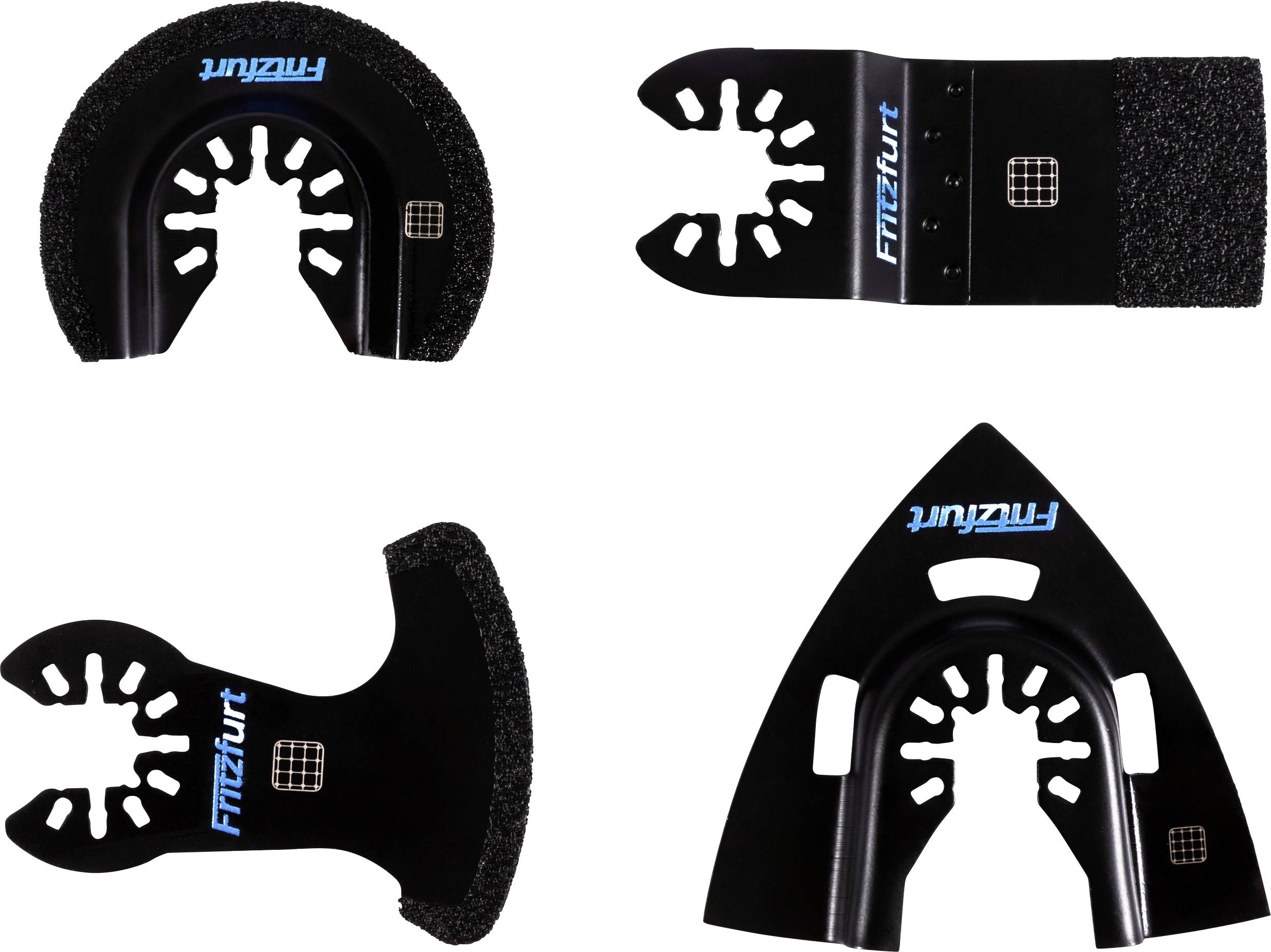 Ein Satz von vier schwarzen oszillierenden Multitool-Sägeblättern auf weißem Hintergrund, jedes mit einzigartigen Zahnmustern und der Markenbezeichnung 'Fitzfurt'.