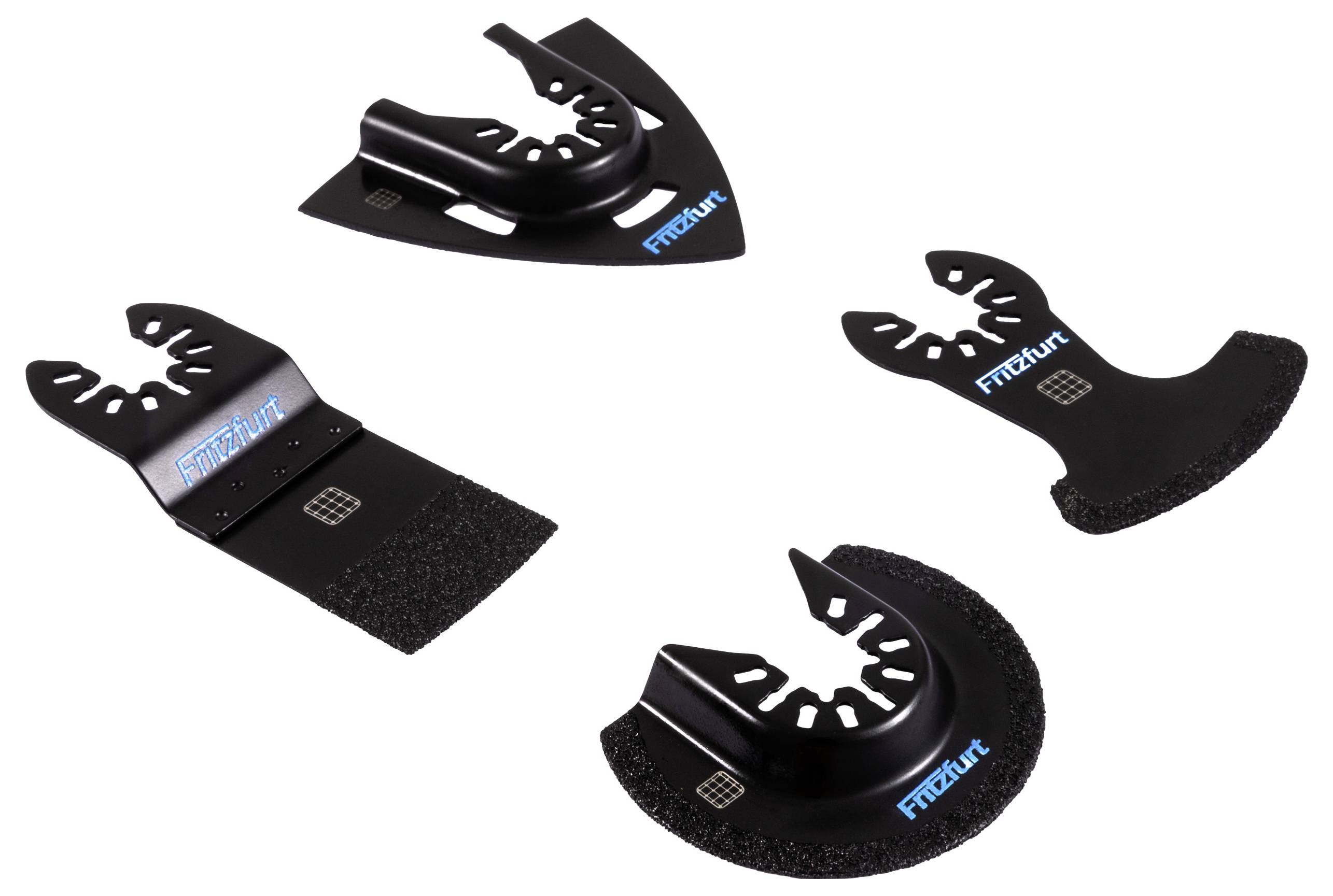 Vier schwarze, einzigartig geformte Metallobjekte, jedes mit blauer 'FixIt'-Markierung, wahrscheinlich austauschbare Werkzeuganbauteile mit unterschiedlichen Funktionen.