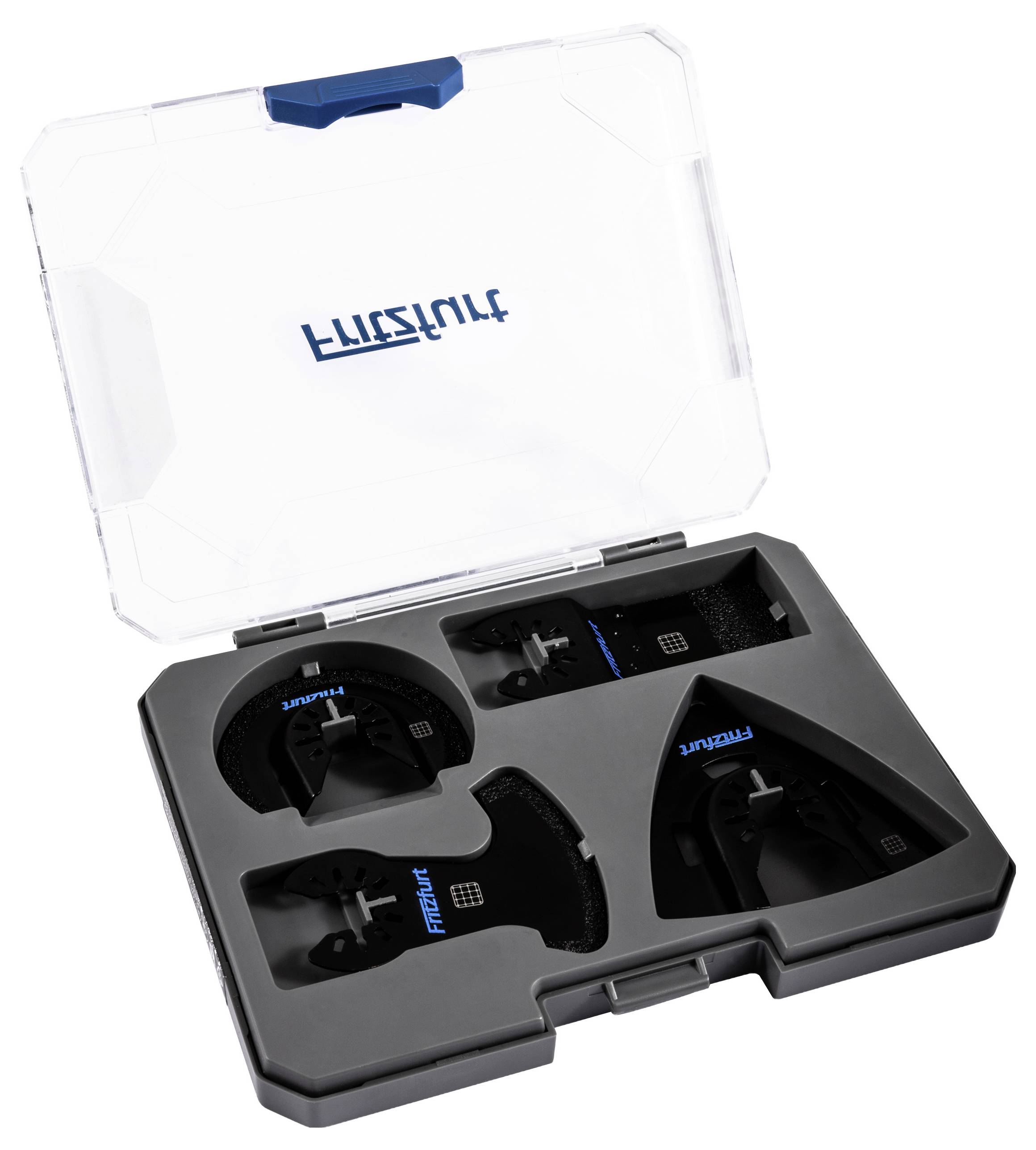 Öffnen Sie die Plastikbox, die vier schwarze Schneidschablonen für die Fliesenverlegung enthält, die ordentlich in einzelnen Fächern angeordnet sind.