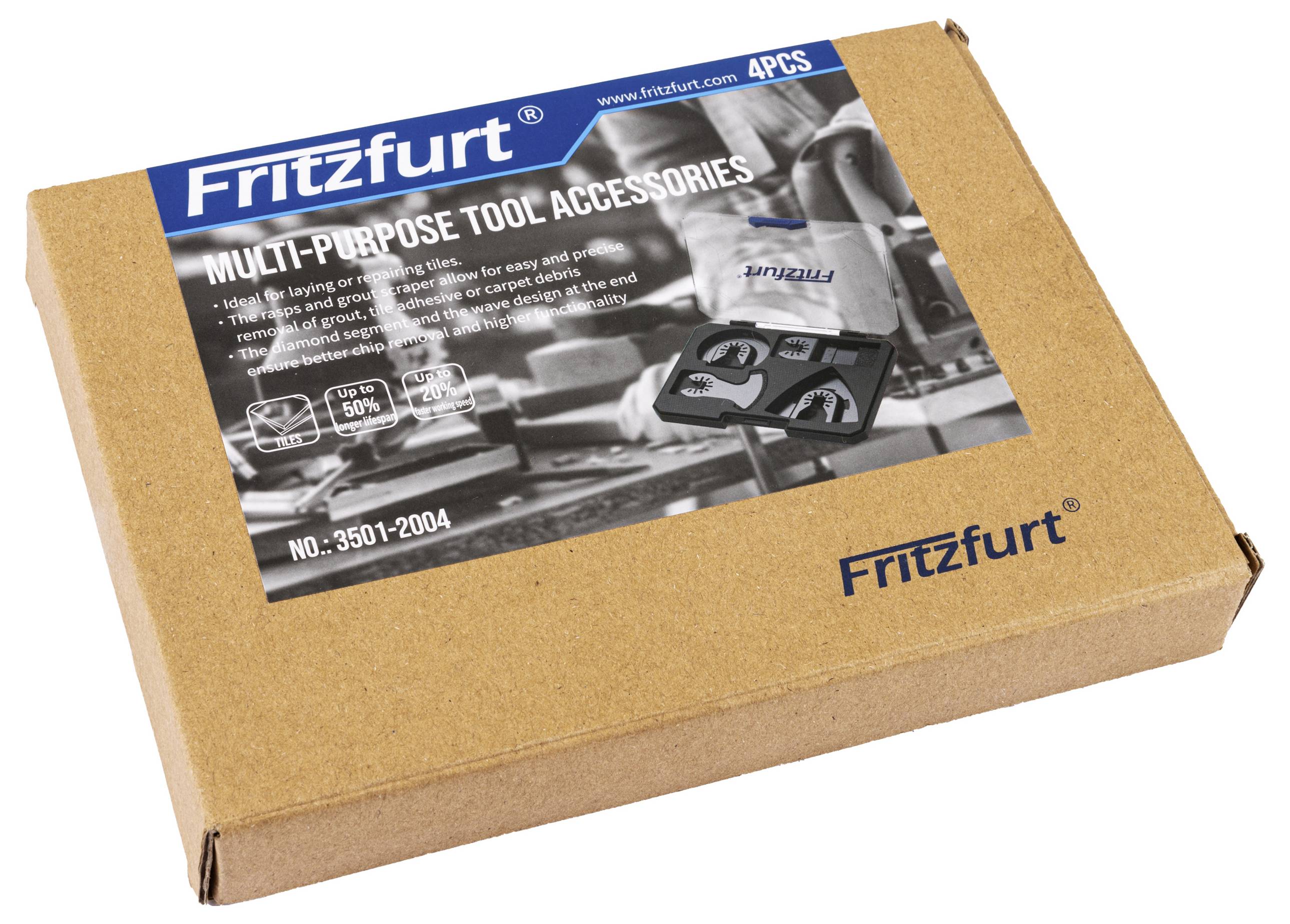 Braune Schachtel mit blauem Etikett mit der Aufschrift 'Fritzfurt Multifunktions-Werkzeugzubehör'; enthält vier Werkzeuganbauteile, hervorgehoben mit Symbolen.
