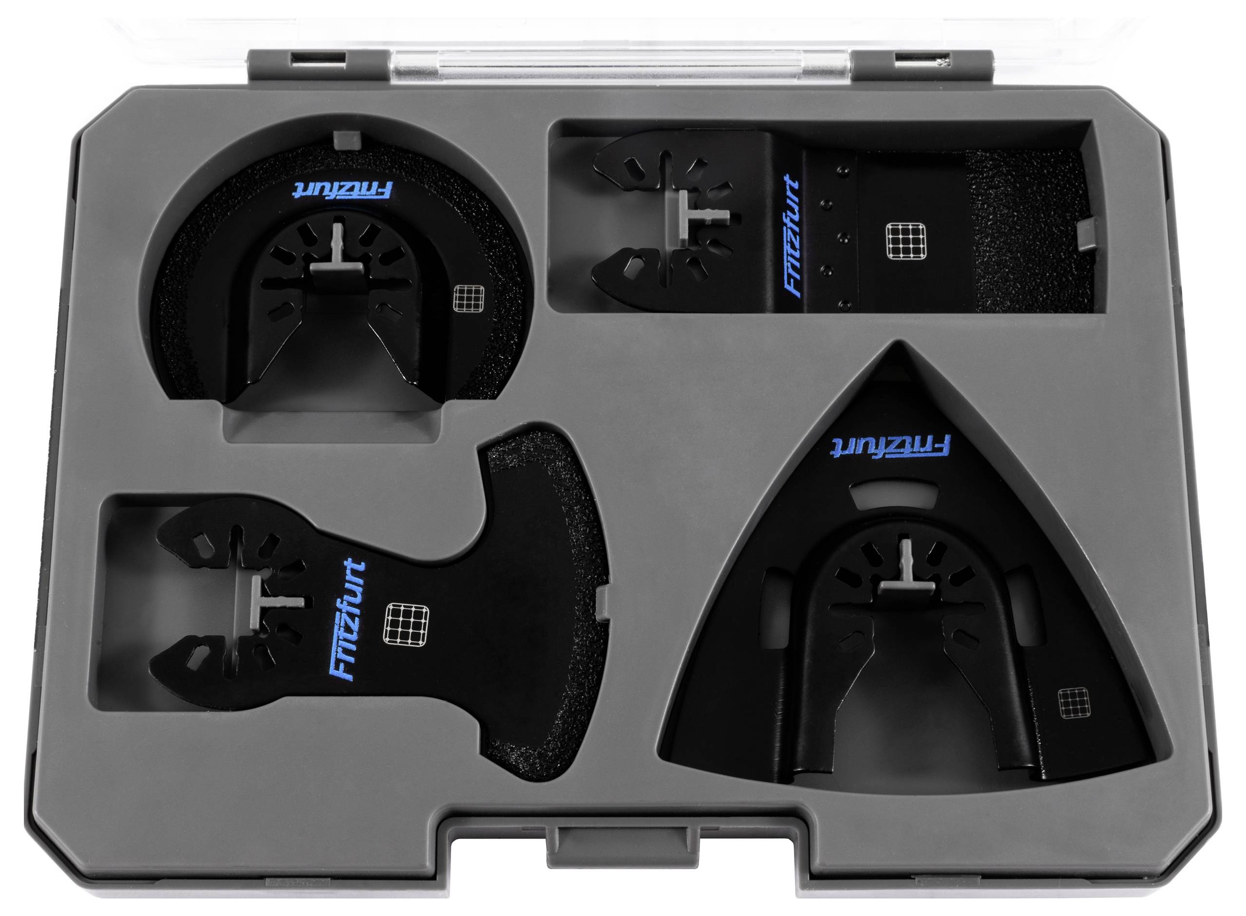 Ein Koffer mit verschiedenen schwarzen Schuhanpass-Werkzeugen, die mit 'Fitzkit' beschriftet sind, ordentlich in Schaumstoffeinlagen organisiert, verwendet zur individuellen Anpassung von Schuhen.