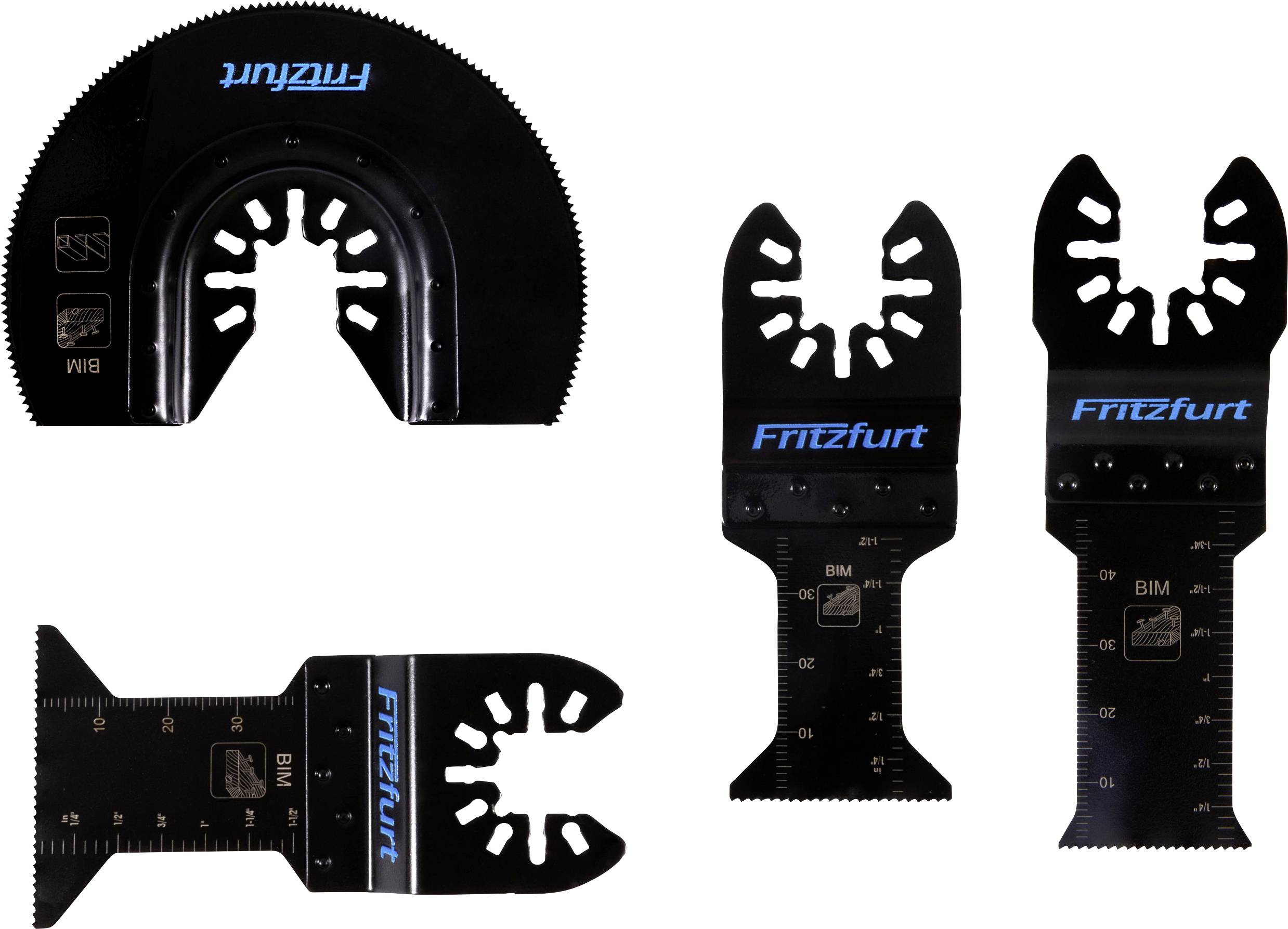 Satz von vier schwarzen Sägeblättern mit 'Fritzfurt'-Etikett, entwickelt für Oszillationswerkzeuge, in verschiedenen Formen einschließlich halbkreisförmiger und gerader Kanten.