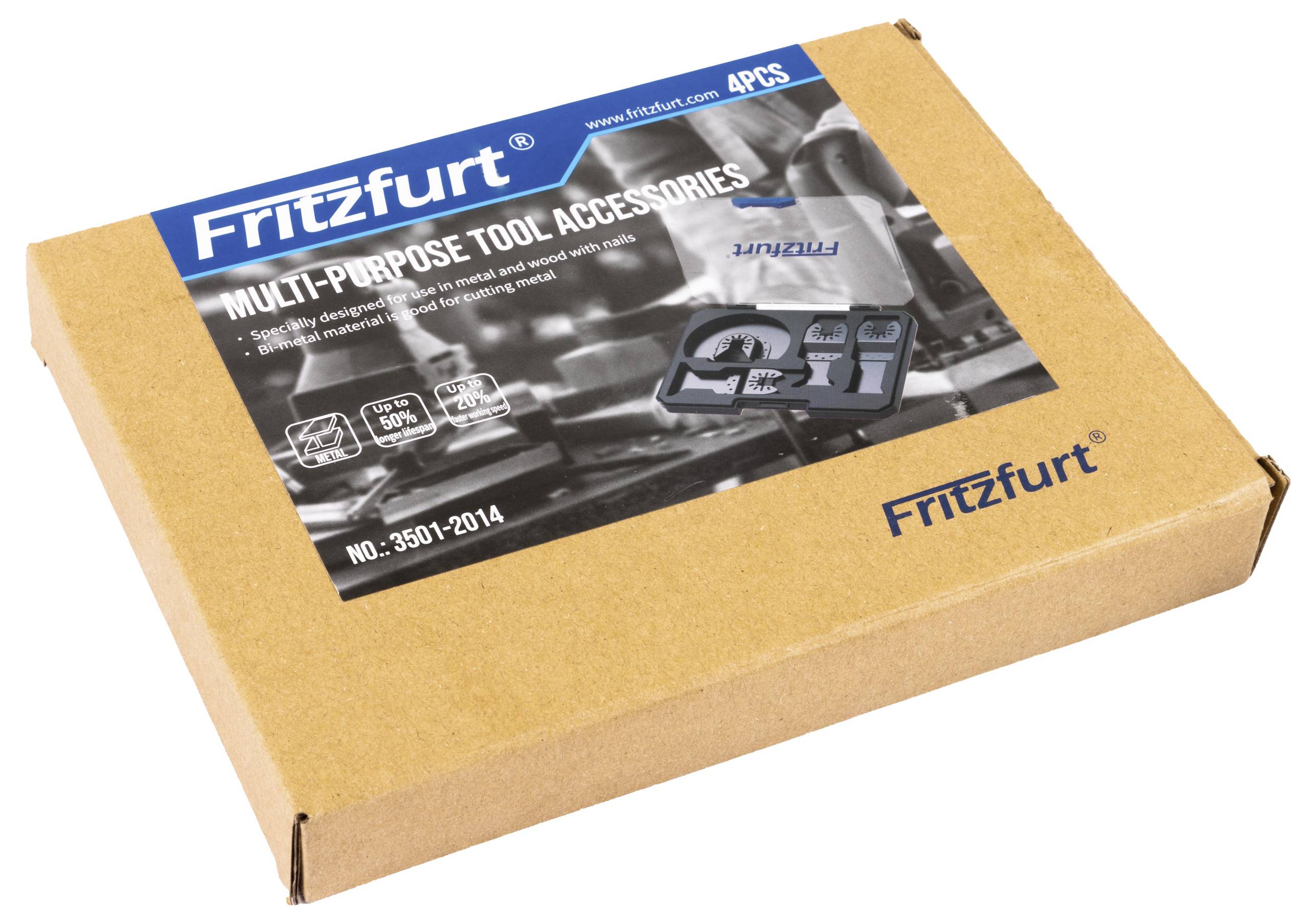 Verpackung der Fritzfurt Multifunktionswerkzeug-Zubehörbox, enthält vier Stücke. Box ist versiegelt und hat Produktinformationen auf der Oberseite sichtbar.