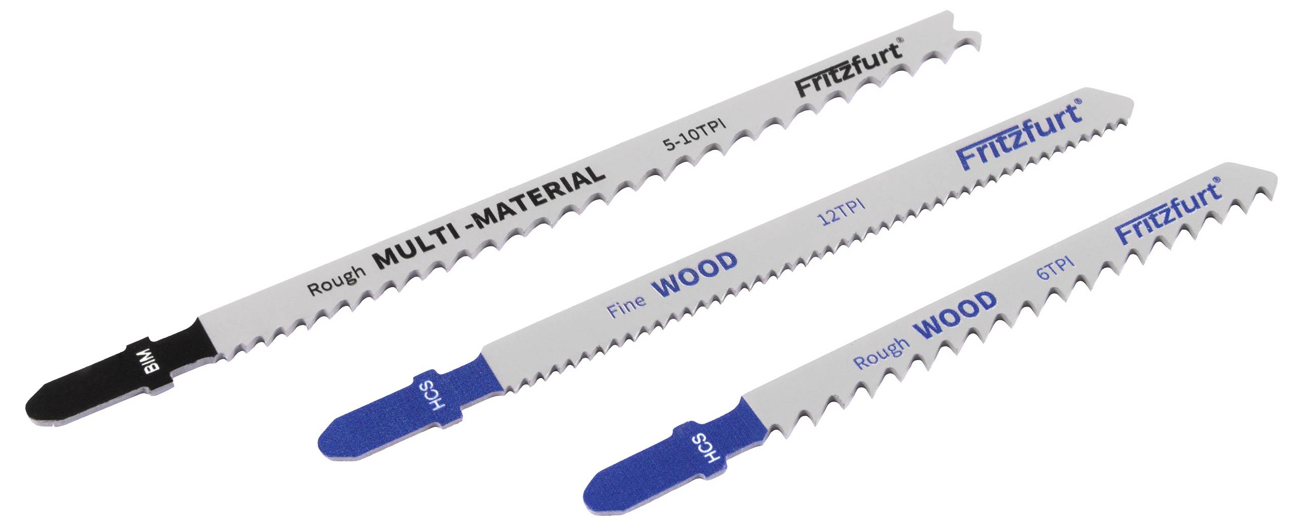 Drei Sägeblätter, beschriftet mit 'Multimaterial', 'Feines Holz' und 'Grobes Holz', in verschiedenen Größen und Zahnmustern, entwickelt für unterschiedliche Schneidaufgaben.