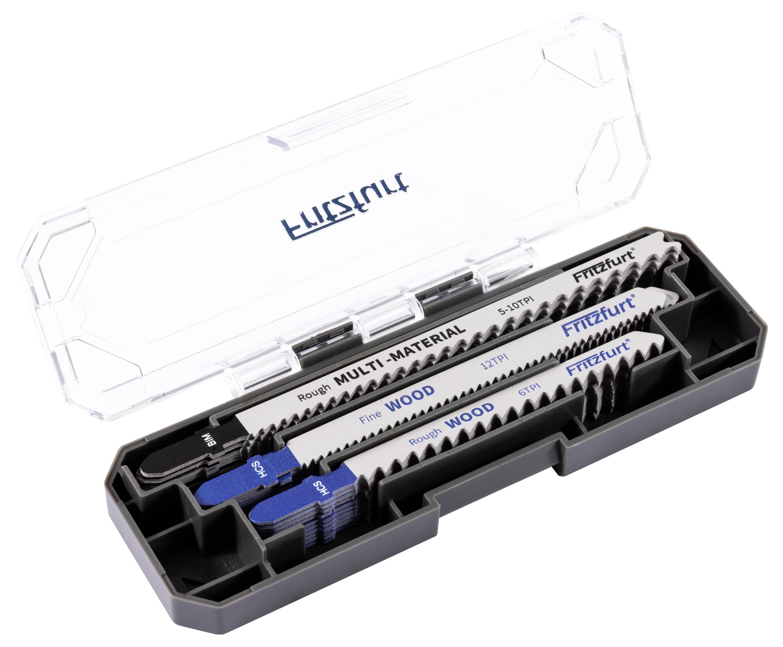 Eine Plastikbox mit verschiedenen Sägeblättern zum Schneiden von Materialien wie Holz und Metall.