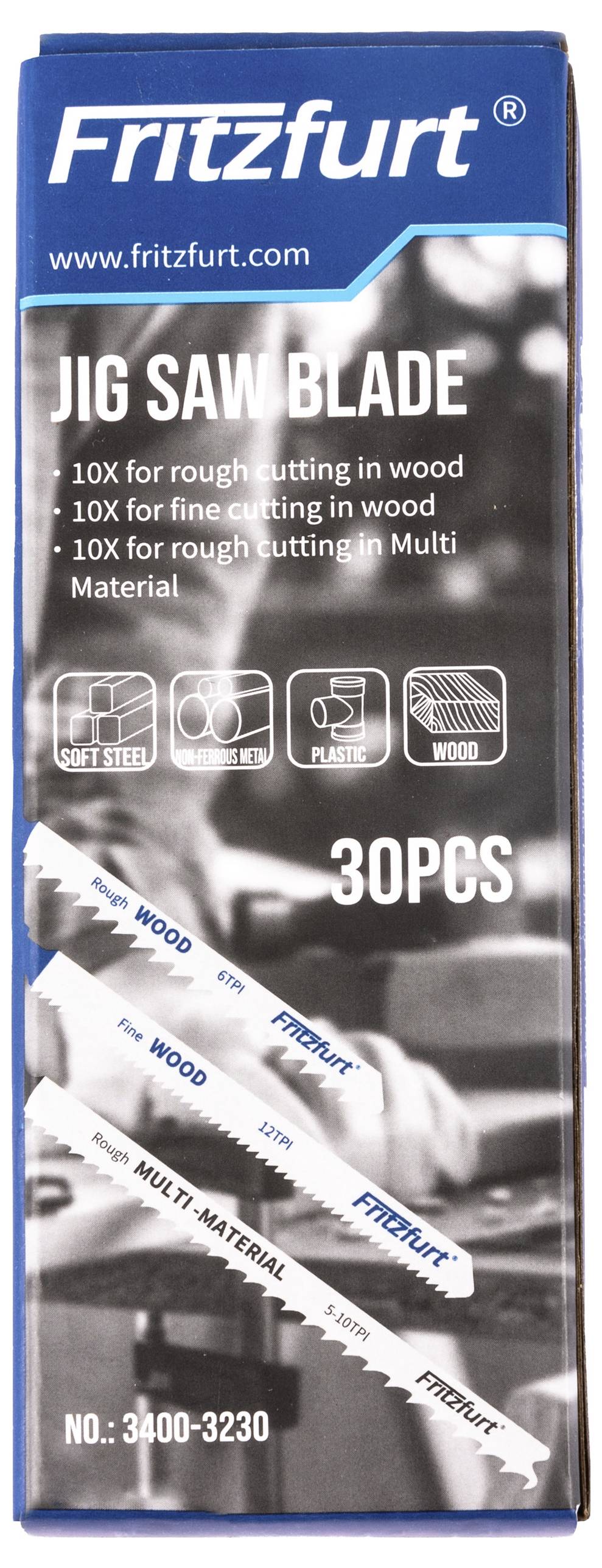 Fritzfurt Sägeblatt-Set; 30 Stück zum Schneiden von Holz, Metall, Kunststoff und Verbundmaterialien. Enthält Abbildungen verschiedener Sägeblatttypen.