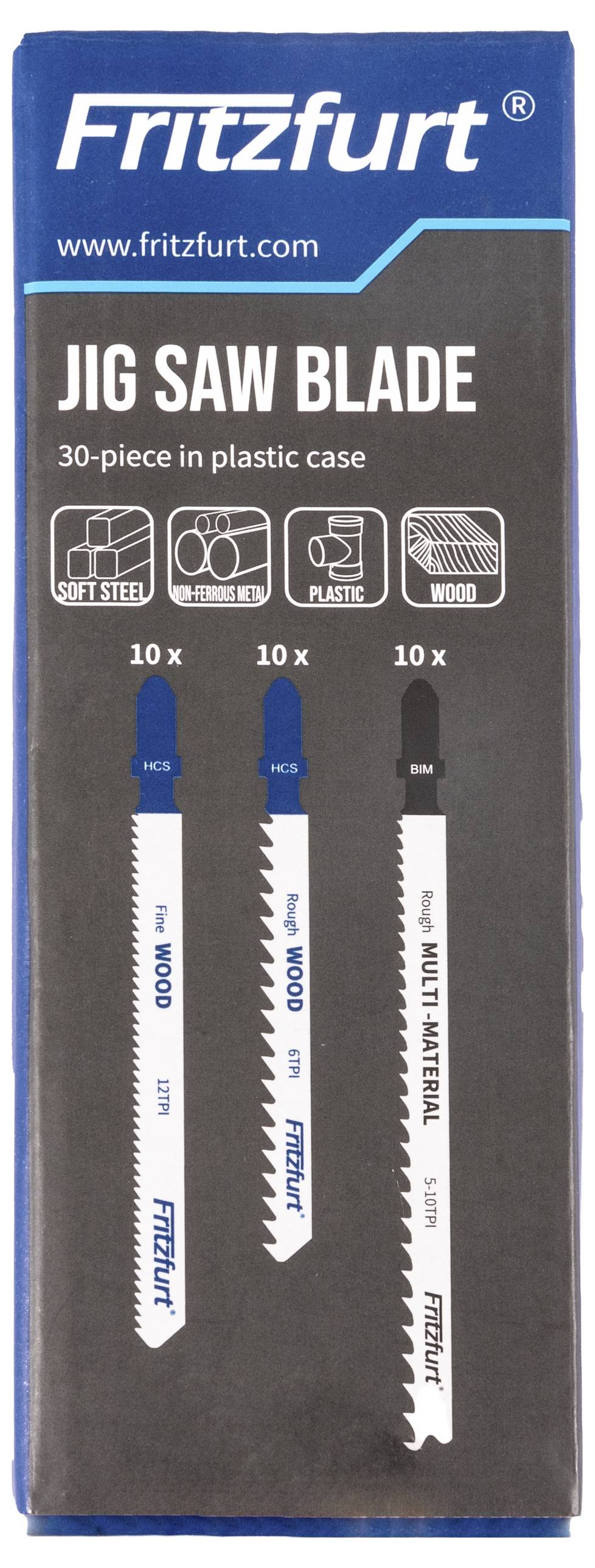 Fritzfurt Stichsägeblatt-Set' Verpackung mit 30-teiligem Set in Kunststoffkoffer. Enthält Sägeblätter für Weichstahl, Holz und Multimaterial.