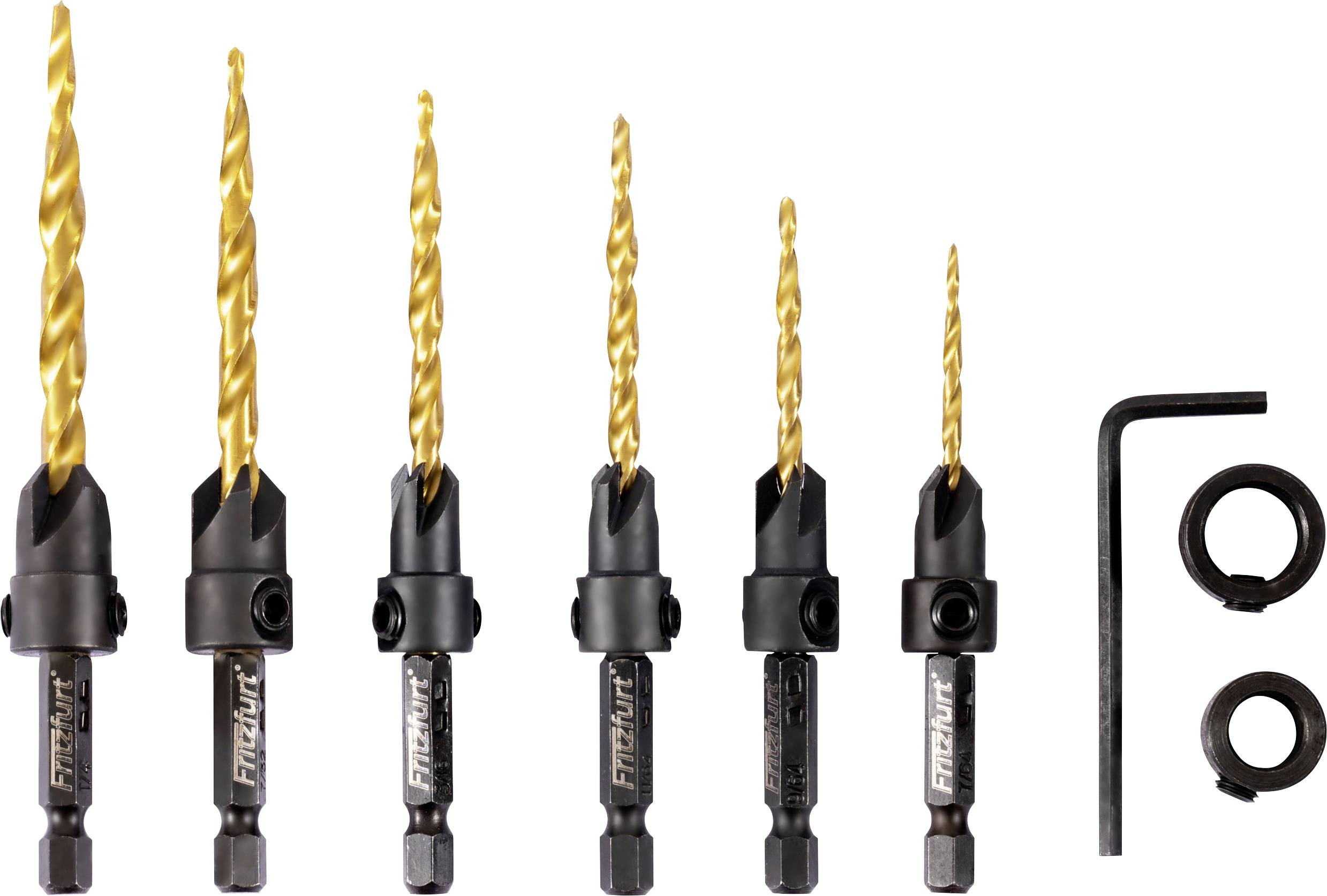 Ein Satz von sechs schwarzen und goldenen Bohrern in verschiedenen Größen, mit einem Sechskantschlüssel und zwei kreisförmigen Befestigungen, nebeneinander angeordnet.