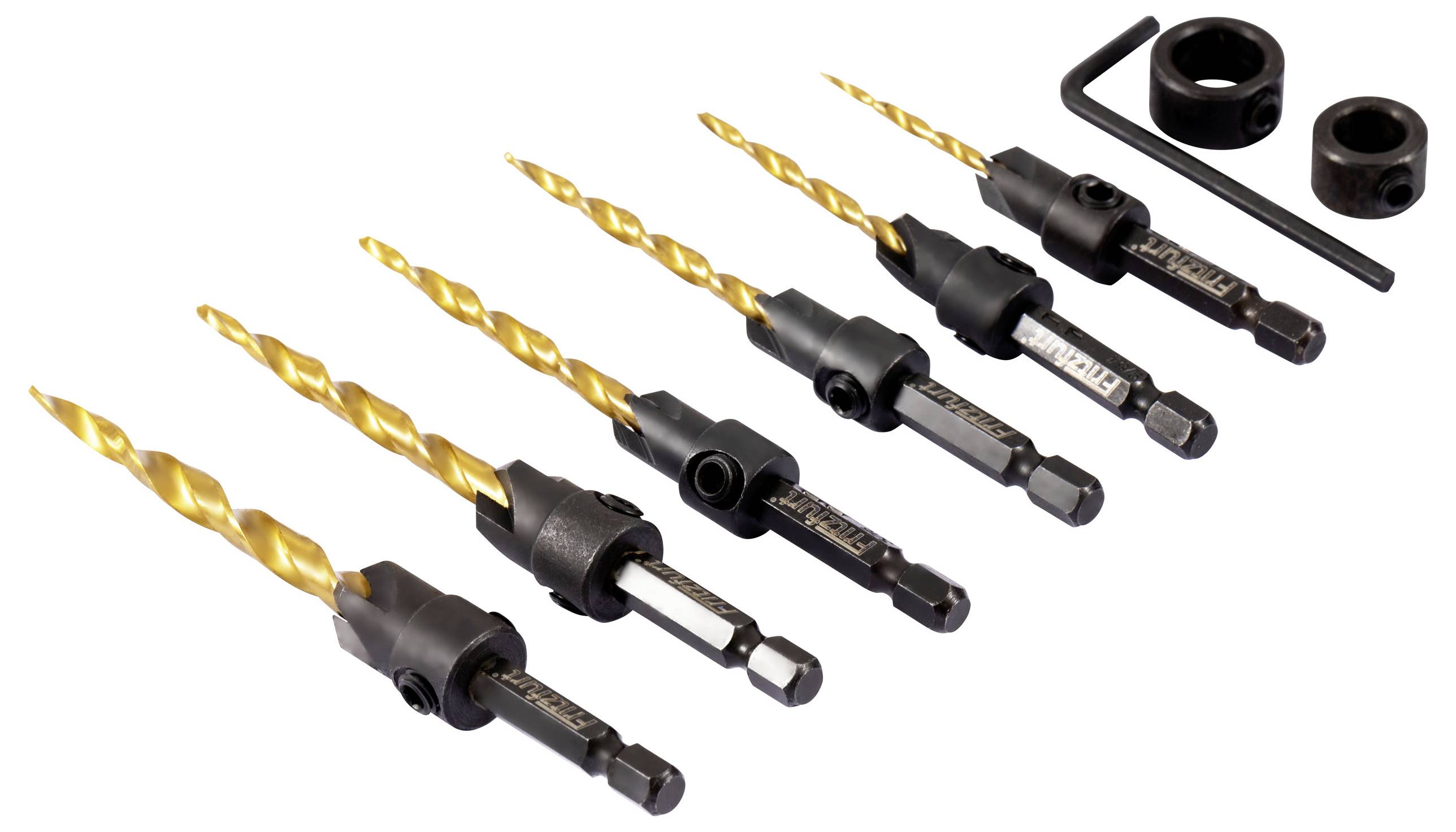 Sechs verschiedene Größen von goldfarbenen Bohrern mit schwarzen Sechskant-Schaftenden und Tiefenstopp, in einer Reihe neben zwei schwarzen Ringen und einem Inbusschlüssel angeordnet.