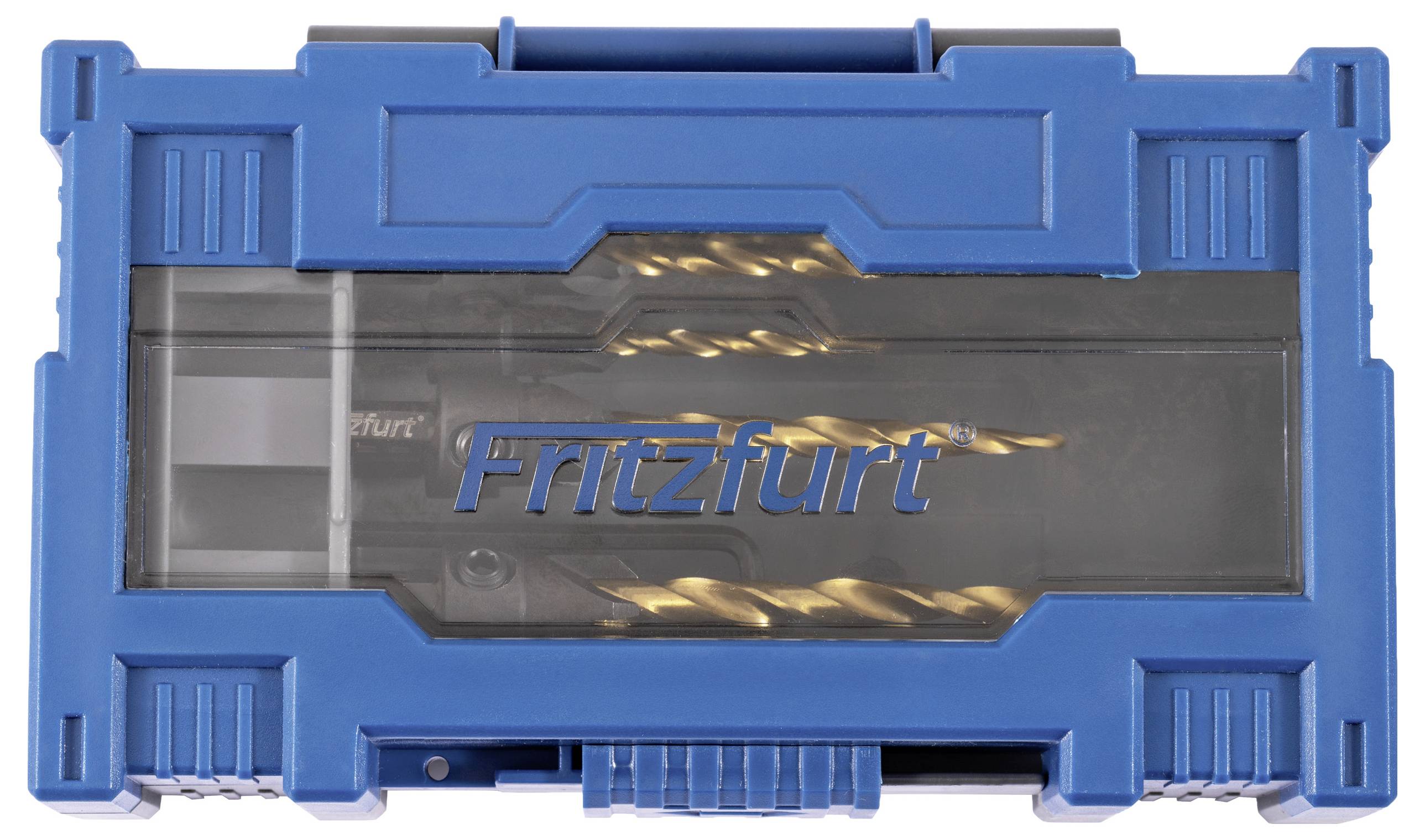 Eine blaue Plastik-Bohrereinsatzbox mit einem durchsichtigen Deckel, in der mehrere Bohrer zu sehen sind. Auf dem Deckel ist das Wort 'Fritzfurt' zu erkennen.