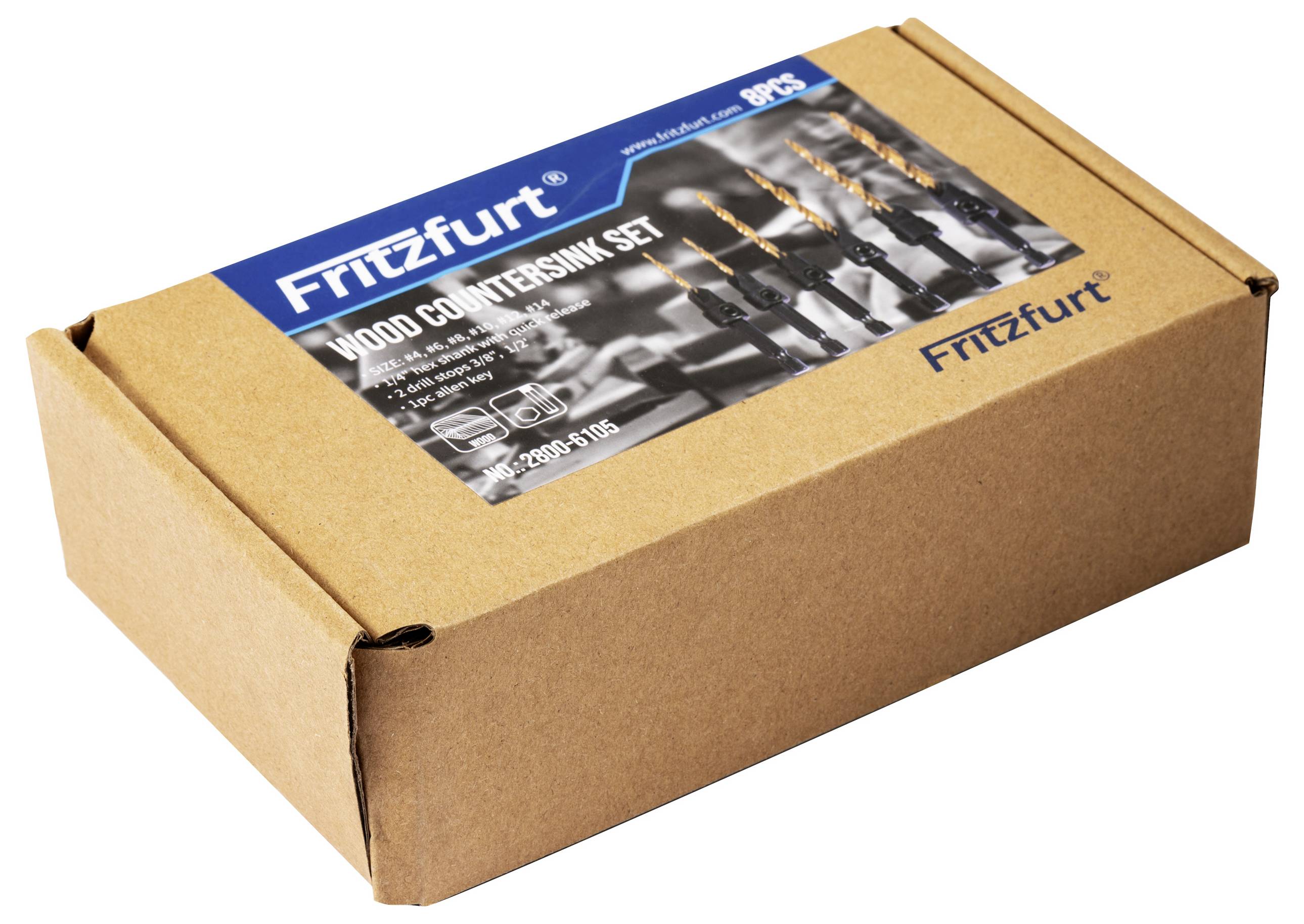 Eine Pappschachtel mit der Aufschrift 'FRIEzfurt Holzversenker-Set' enthält mehrere Bohrer.