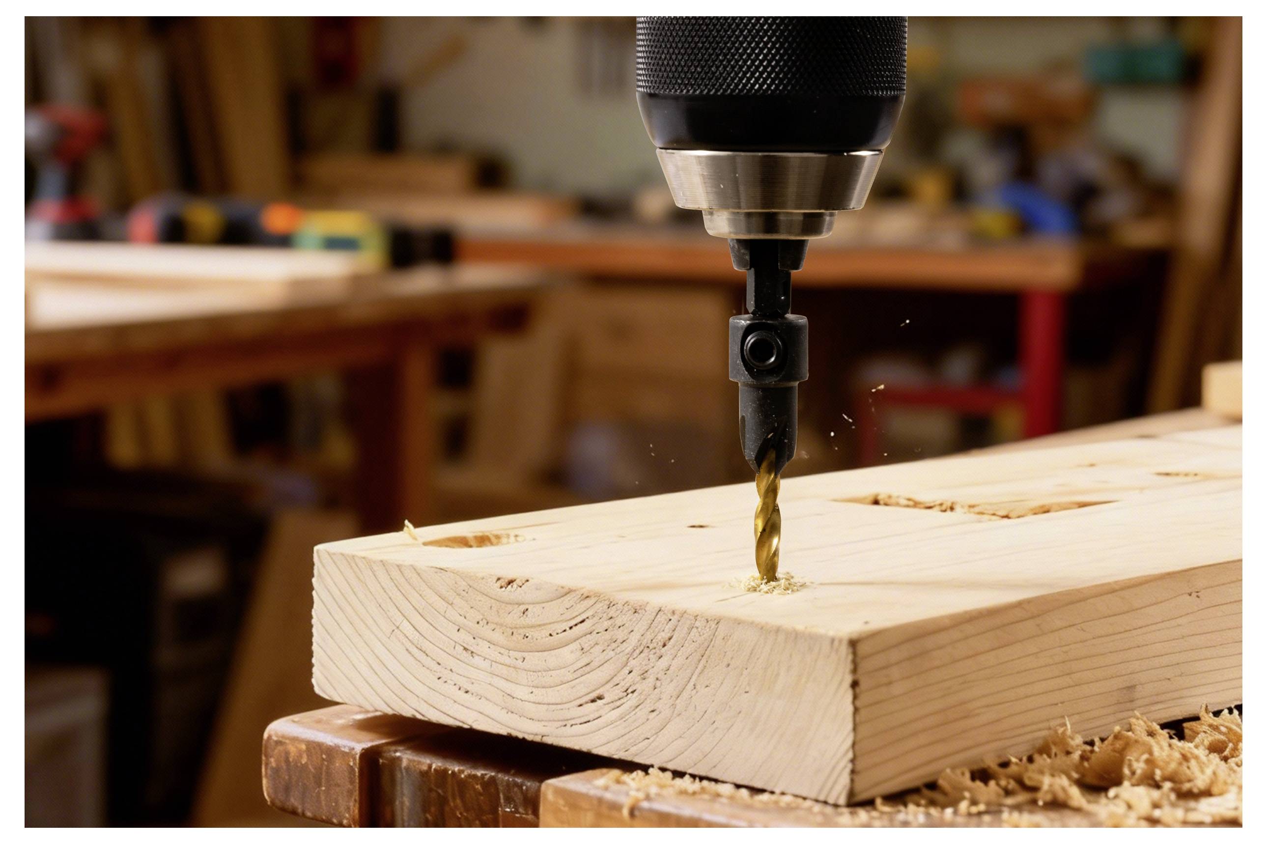 Eine Nahaufnahme einer Bohrmaschine, die Löcher in eine Holzplanke auf einer Werkbank bohrt, mit verstreuten Holzspänen.