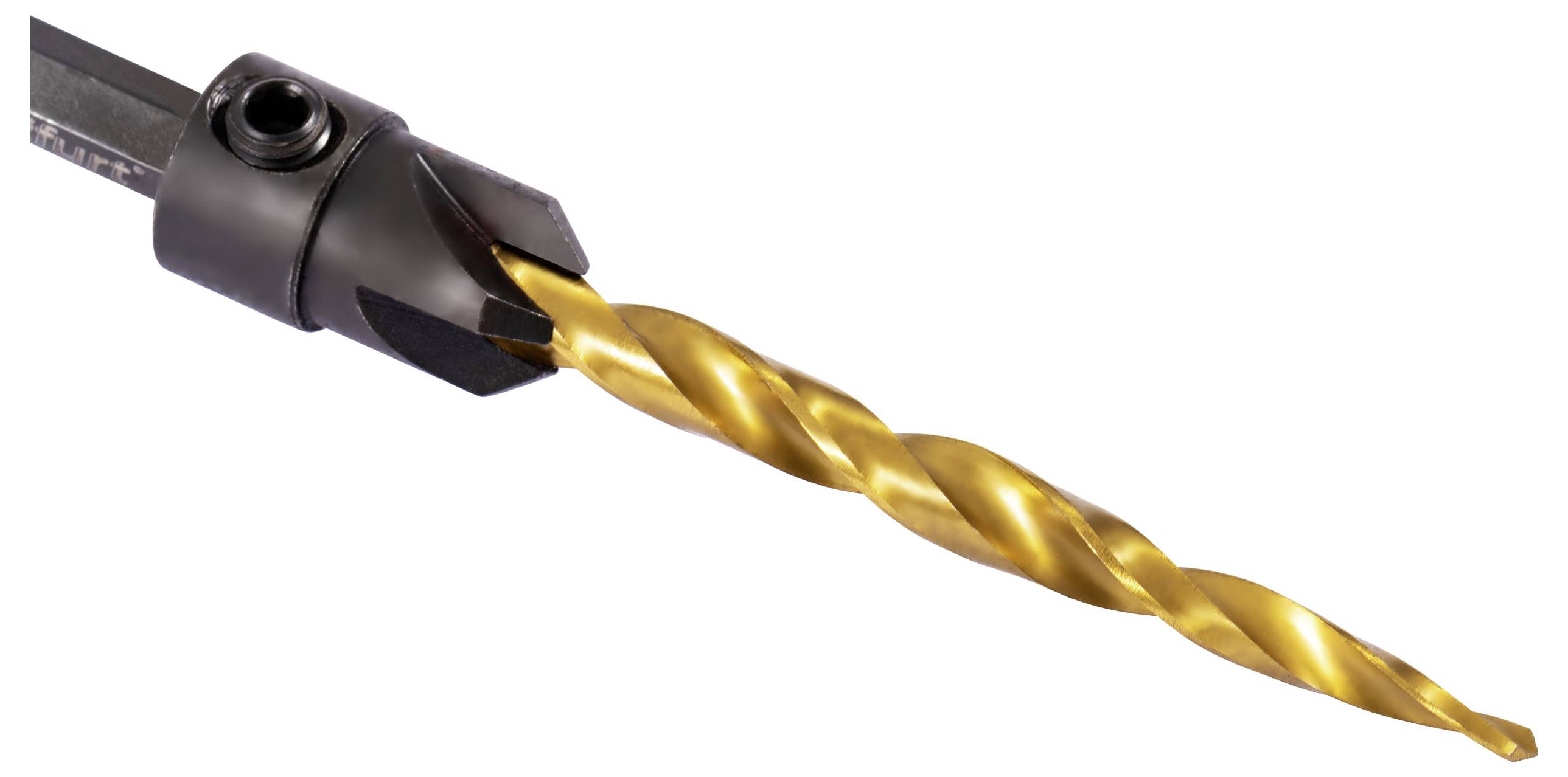 Ein Nahaufnahmebild eines goldenen Metallbohrers, der an einem schwarzen Bohrhalter befestigt ist und die Spiralstruktur und scharfen Kanten des Werkzeugs zeigt.