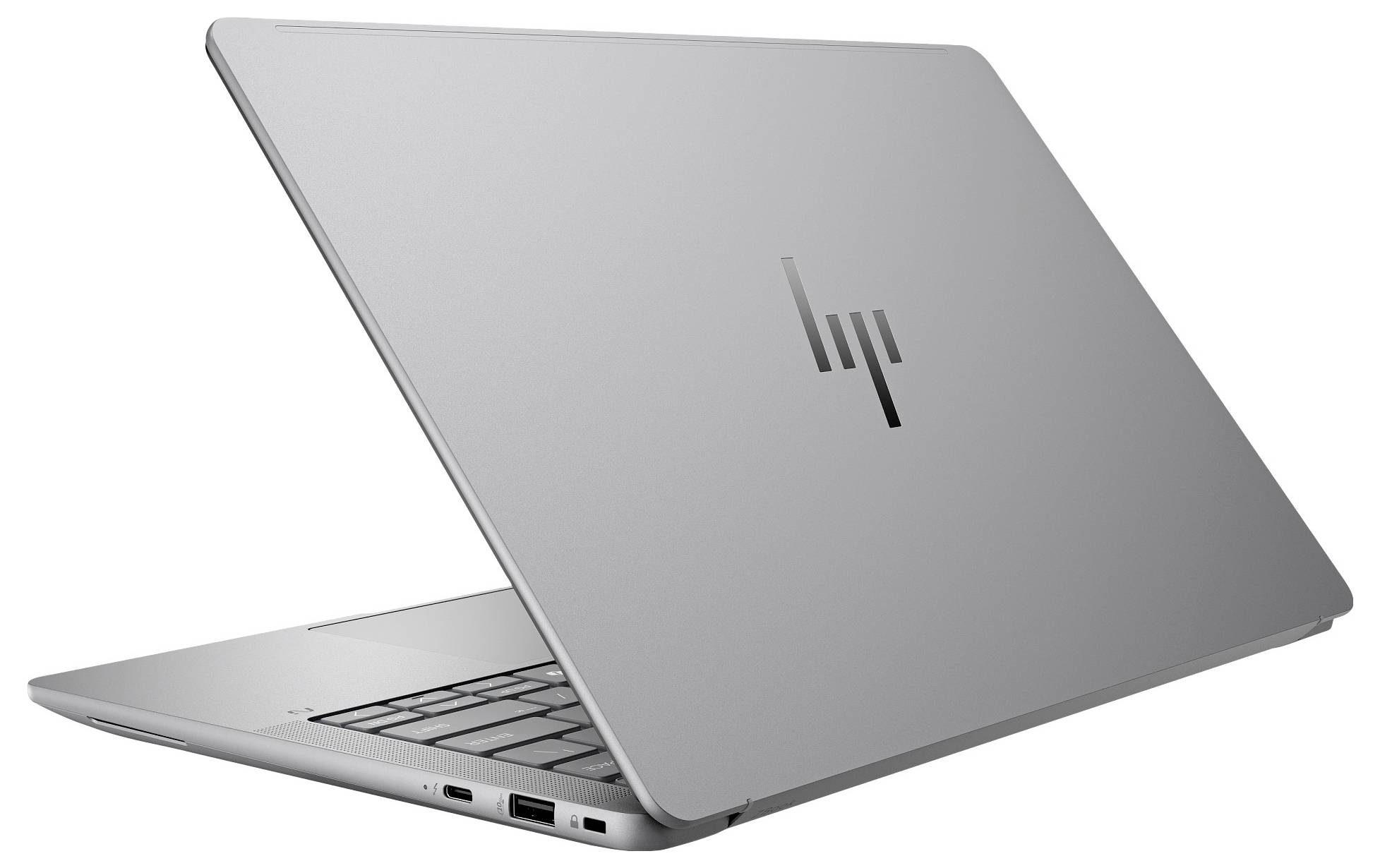Silberner Laptop von hinten mit geöffnetem Deckel, auf dem ein stilisiertes Logo sichtbar ist.