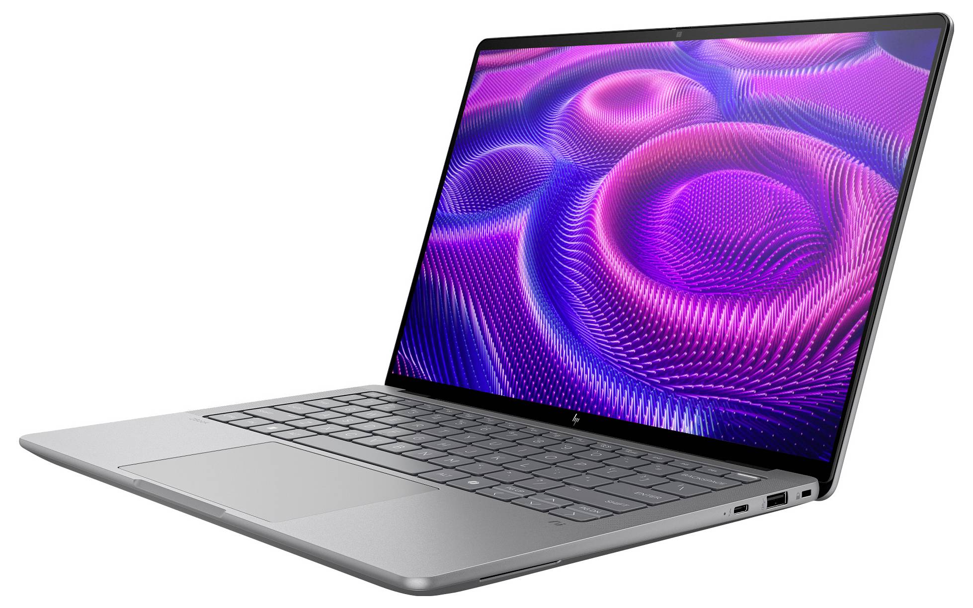 Ein Laptop mit einem lebhaften, farbenfrohen Bildschirm zeigt ein spiralförmiges, abstraktes Muster. Er hat eine dünne, silberne Tastatur.