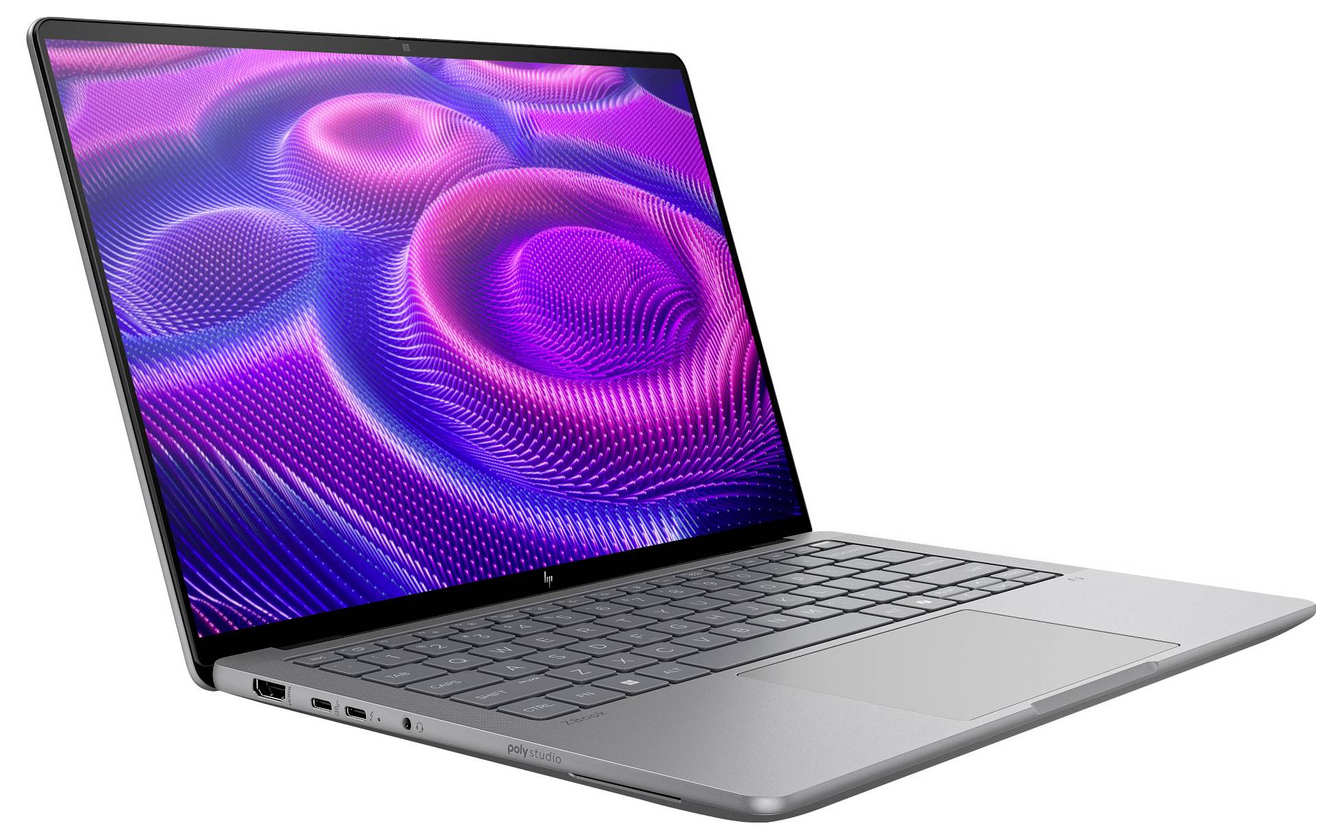 Ein silberner Laptop mit offenem Display zeigt ein farbenfrohes, abstraktes Muster in Rosa und Blau. Gehäuse hat USB-Anschlüsse.