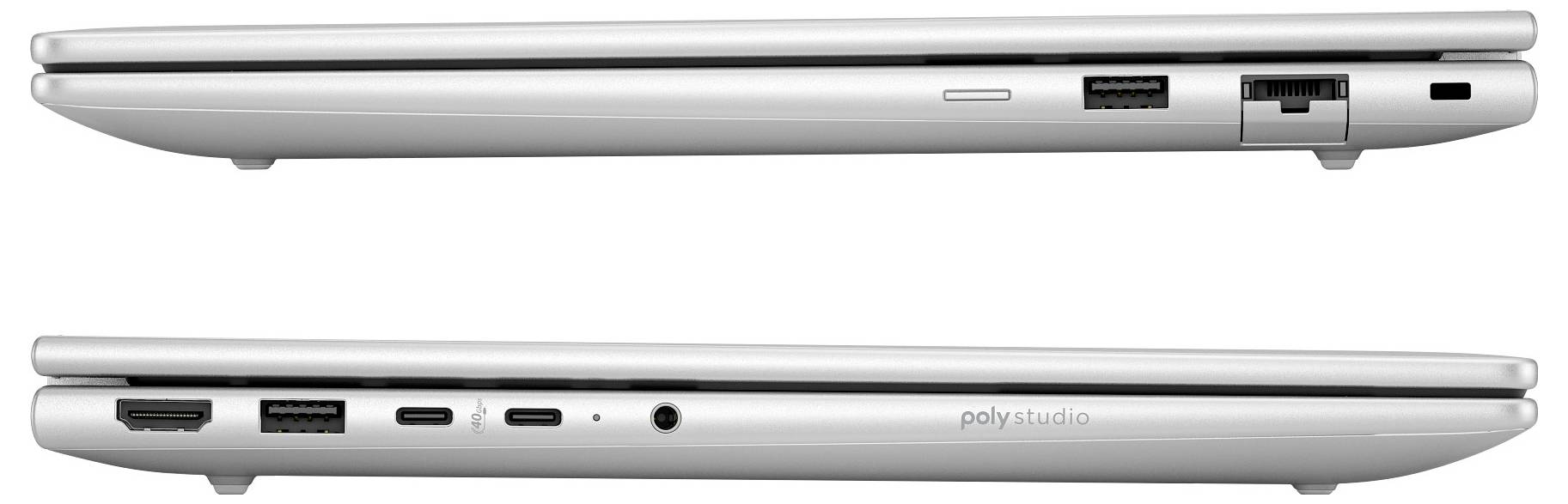 Zwei Laptops im Profil: oben mit USB-Anschlüssen und Ethernet-Port, unten mit HDMI-, USB-C-Anschlüssen und Kopfhörerbuchse.