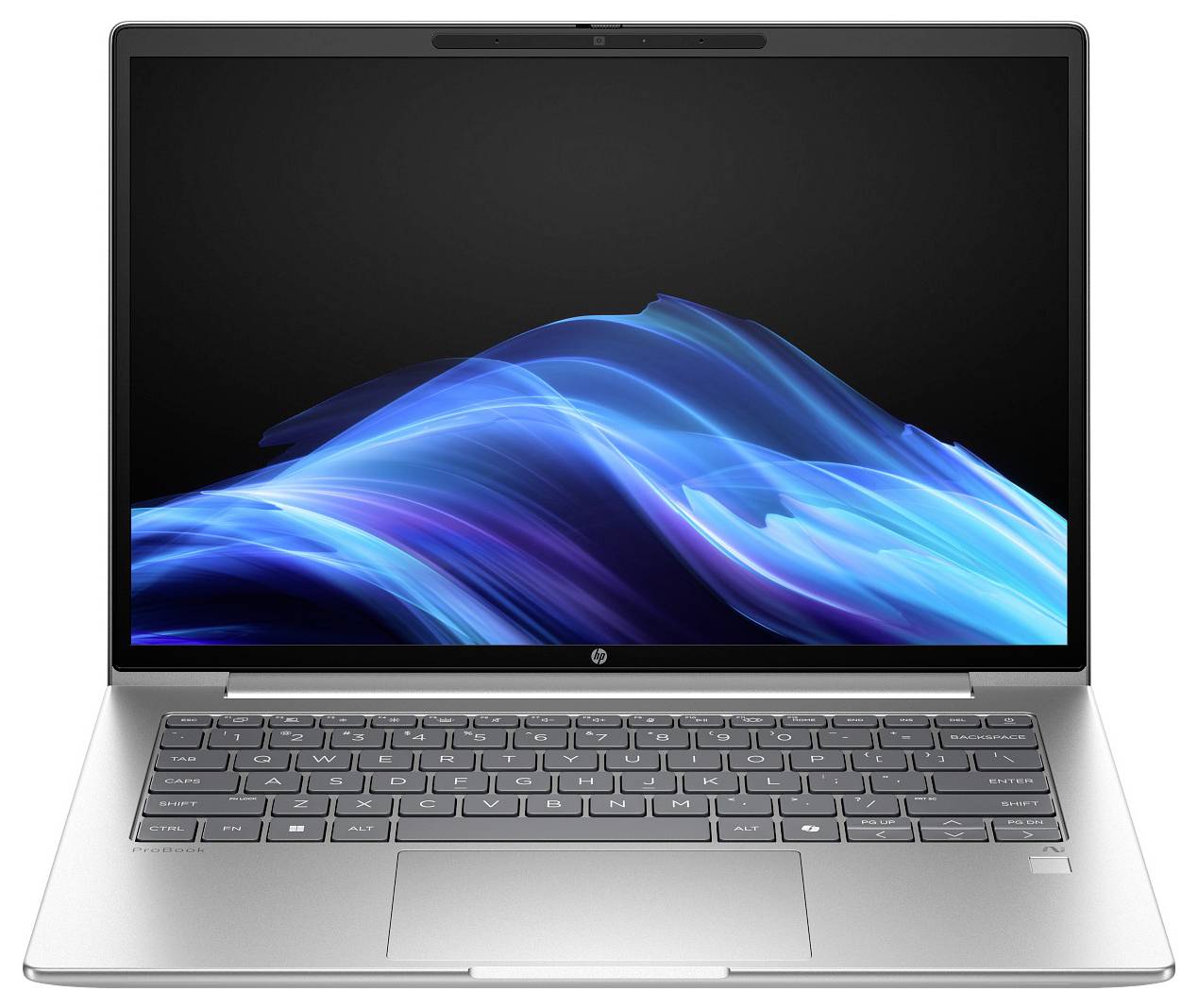 Ein silberner Laptop mit geöffnetem Display zeigt eine blaue, wellenartige Hintergrundgrafik. Die Tastatur ist sichtbar.