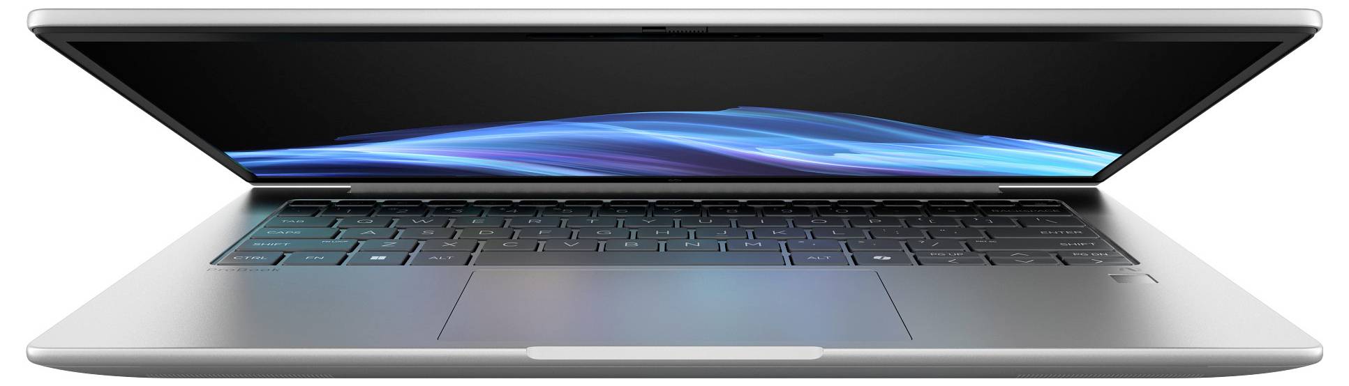 Ein silberner Laptop mit schwarzer Tastatur und blauem Bildschirmlicht, der leicht aufgeklappt ist, auf weißem Hintergrund.