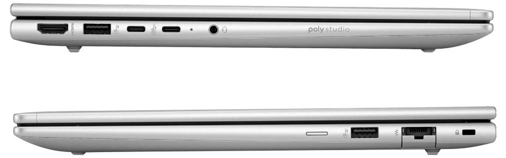 Zwei silberne Laptops von der Seite gezeigt, oben mit HDMI und USB-Anschlüssen, unten mit Ethernet und zusätzlichen USB-Anschlüssen.