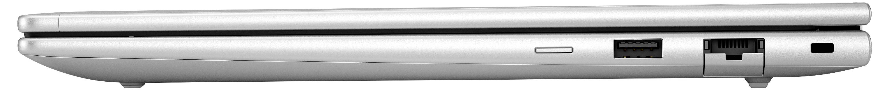 Ein geschlossener silberner Laptop, von der Seite gezeigt, der sein schlankes Design und die sichtbaren Anschlüsse für Konnektivität hervorhebt.