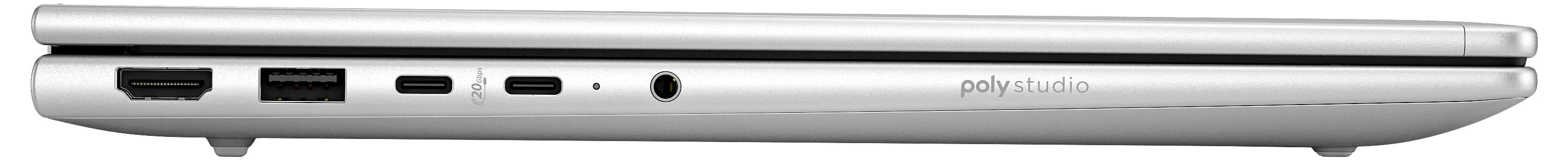 Ein silberner Laptop, von der Seite betrachtet, mit sichtbaren Anschlüssen wie HDMI, USB-C, USB und Kopfhörerbuchse, wobei der Markenname zu sehen ist.