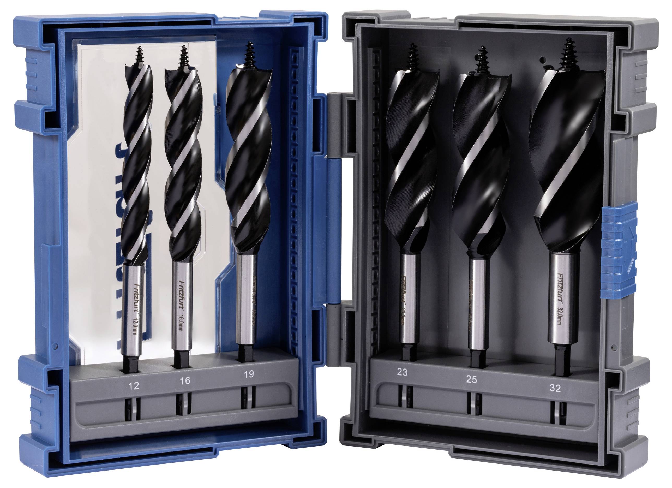 Ein blauer und grauer Bohrersatz, geöffnet, um sechs schwarze und silberne Auger-Bohrer zu zeigen, die mit den Größen 12, 16, 19, 23, 25 und 32 beschriftet sind.