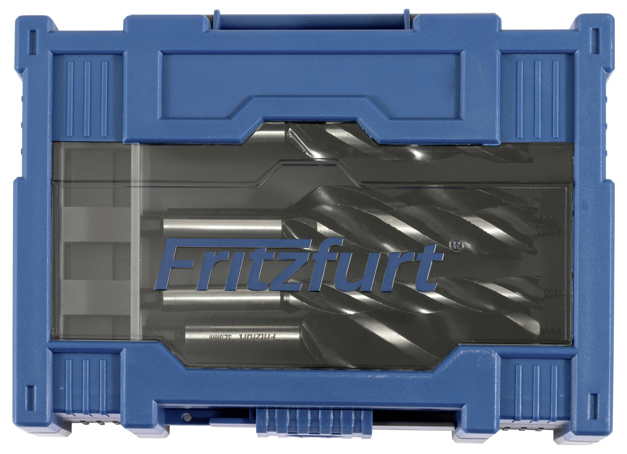 Ein blauer Werkzeugkoffer mit einem transparenten Deckel, der Bohrerbits im Inneren zeigt, beschriftet mit dem Markennamen 'Fritzfurt'.