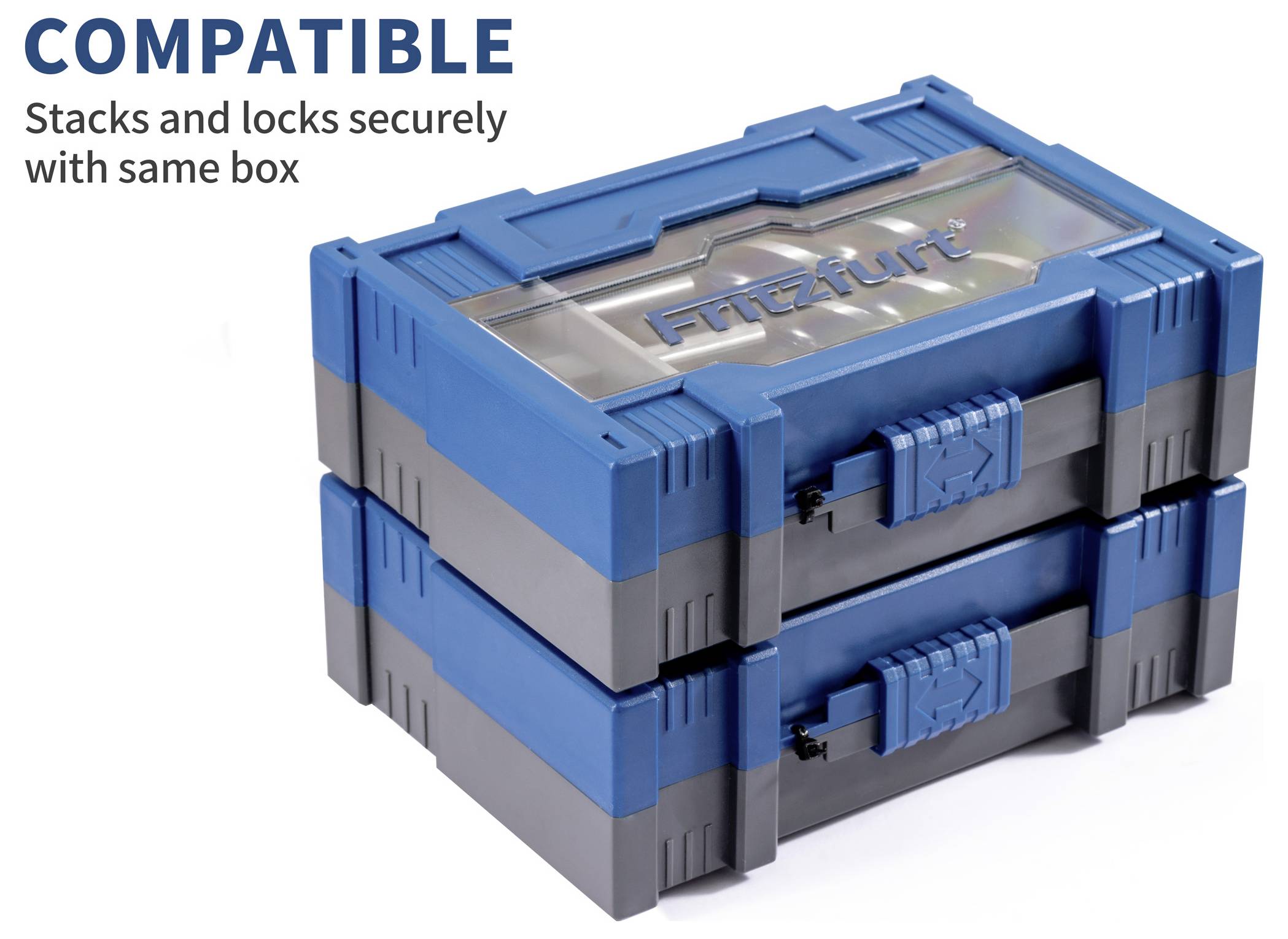 Zwei blaue Aufbewahrungsboxen übereinander gestapelt. Text: 'KOMPATIBEL - Stapelt und verriegelt sicher mit derselben Box.'