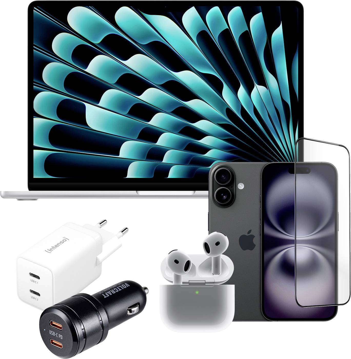 Apple Mobile-Bundle: iPhone 16, MacBook Air 13", AirPods 4, Intenso W40CC GaN, VOLTCRAFT USB-C Lade