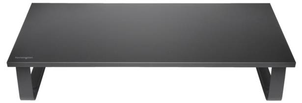Ein schlichter, rechteckiger schwarzer Monitorständer mit flacher Oberfläche und zwei stabilen Beinen. Ideal zur Erhöhung eines Bildschirms.