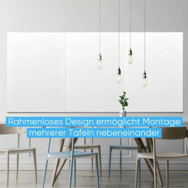Weiße rechteckige Tafeln ohne Rahmen nebeneinander, darüber hängen Glühbirnen, darunter Text: 'Rahmenloses Design ermöglicht Montage mehrerer Tafeln nebeneinander'.