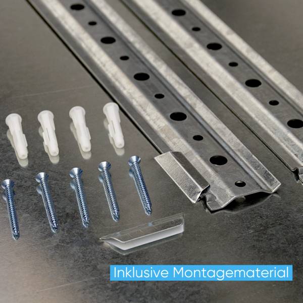 Montagematerial: Zwei Metallschienen mit Löchern, drei weiße Dübel, drei blaue Schrauben. Text im Bild: 'Inklusive Montagematerial'.