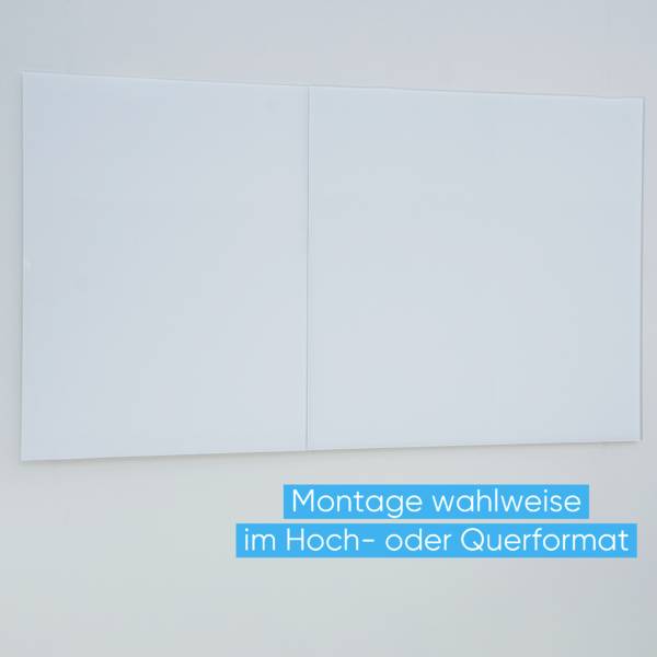 Ein rechteckiges, weißes Panel an einer Wand. Darunter Text: 'Montage wahlweise im Hoch- oder Querformat'.