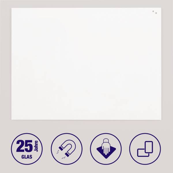 Weiße Glas-Magnettafel mit Symbolen darunter: '25 Jahre Garantie', Magnet, Papier mit Hand und rechteckige Formen.