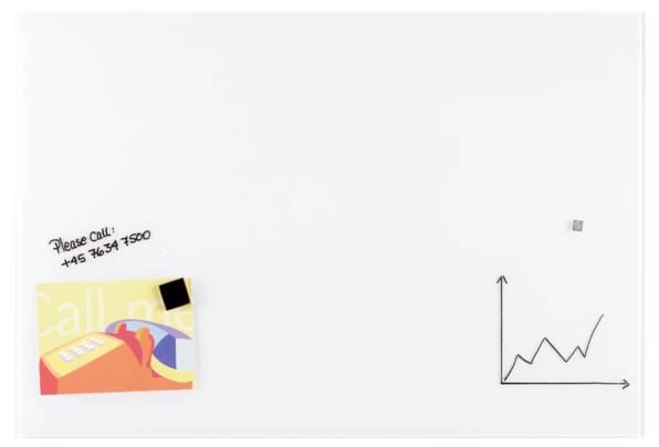 Ein Diagramm auf einer weißen Tafel zeigt einen steigenden Trend. Daneben eine Notiz mit der Aufschrift 'Please call! +45 7634 7500'.