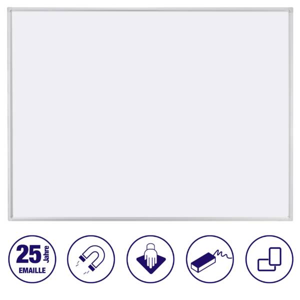 Weiße Tafel mit silbernem Rahmen. Darunter Symbole: '25 Jahre Garantie', Magnet, abwischbar, Stiftablage, interaktiv.