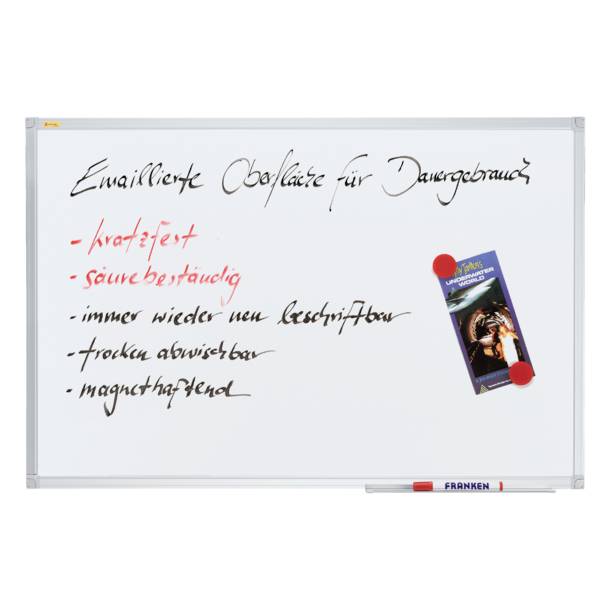 Ein Whiteboard mit der Aufschrift 'Emaillierte Oberfläche für Dauergebrauch' und Stichpunkten: kratzfest, säurebeständig, immer wieder neu beschriftbar, trocken abwischbar, magnethaftend.