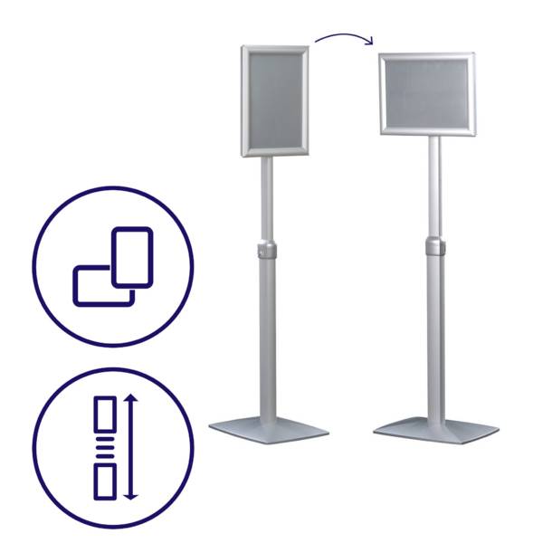 Ein verstellbarer silberner Ständer mit drehbarem und höhenverstellbarem Schildhalter. Grafik zeigt Dreh- und Höhenverstellungsicons.