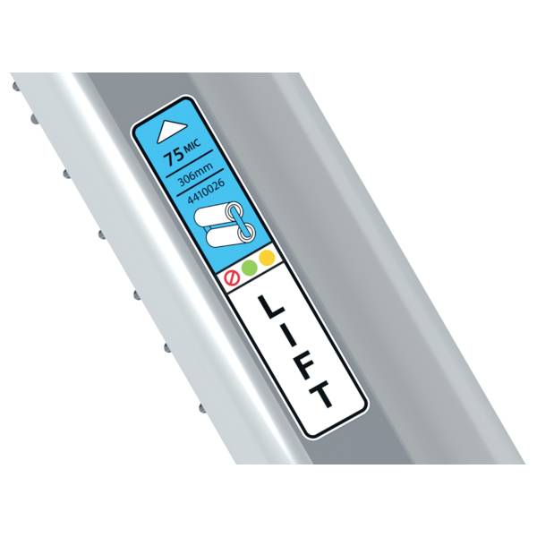 'Lift' Beschriftung an einem Metallrohr mit einem blauen Pfeil und einer Kettensymbol-Grafik. Geeignet für Lasten bis 306 kg.