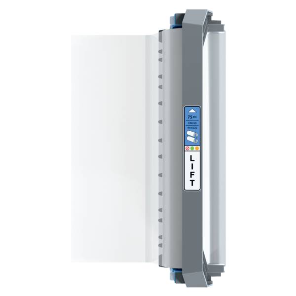 Ein graues Liftsystem mit blauen und weißen Elementen, das vertikal an einer transparenten Oberfläche befestigt ist, mit der Aufschrift 'LIFT'.