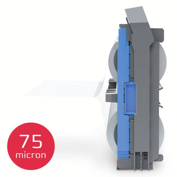 Seitlicher Schnitt durch eine Maschine, die Laminierungen mit 75 Mikron Stärke durchführt.