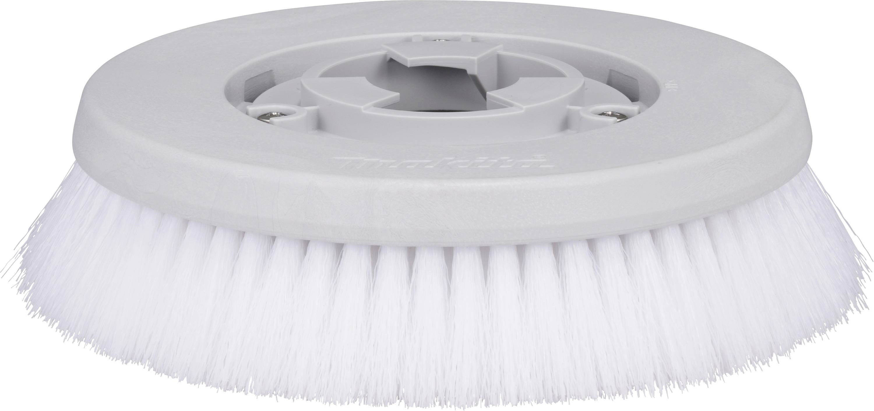 Grauer Rundschrubber mit weißen Borsten, geeignet für die Reinigung von Oberflächen. Draufsicht auf die Bürste.